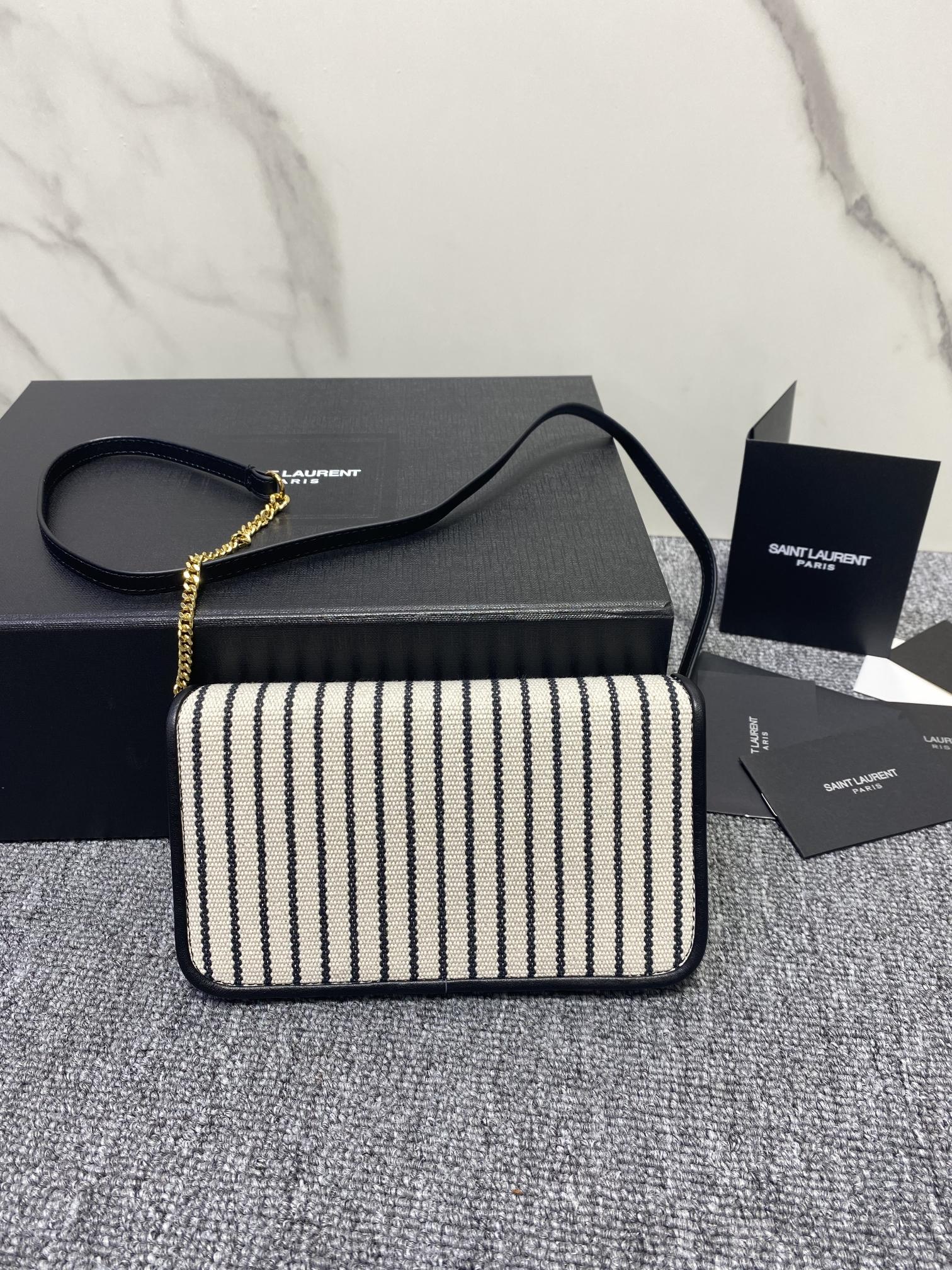 [TOP] Yves Saint Laurent YSL Striped Phone Case Bag - Black and Ivory