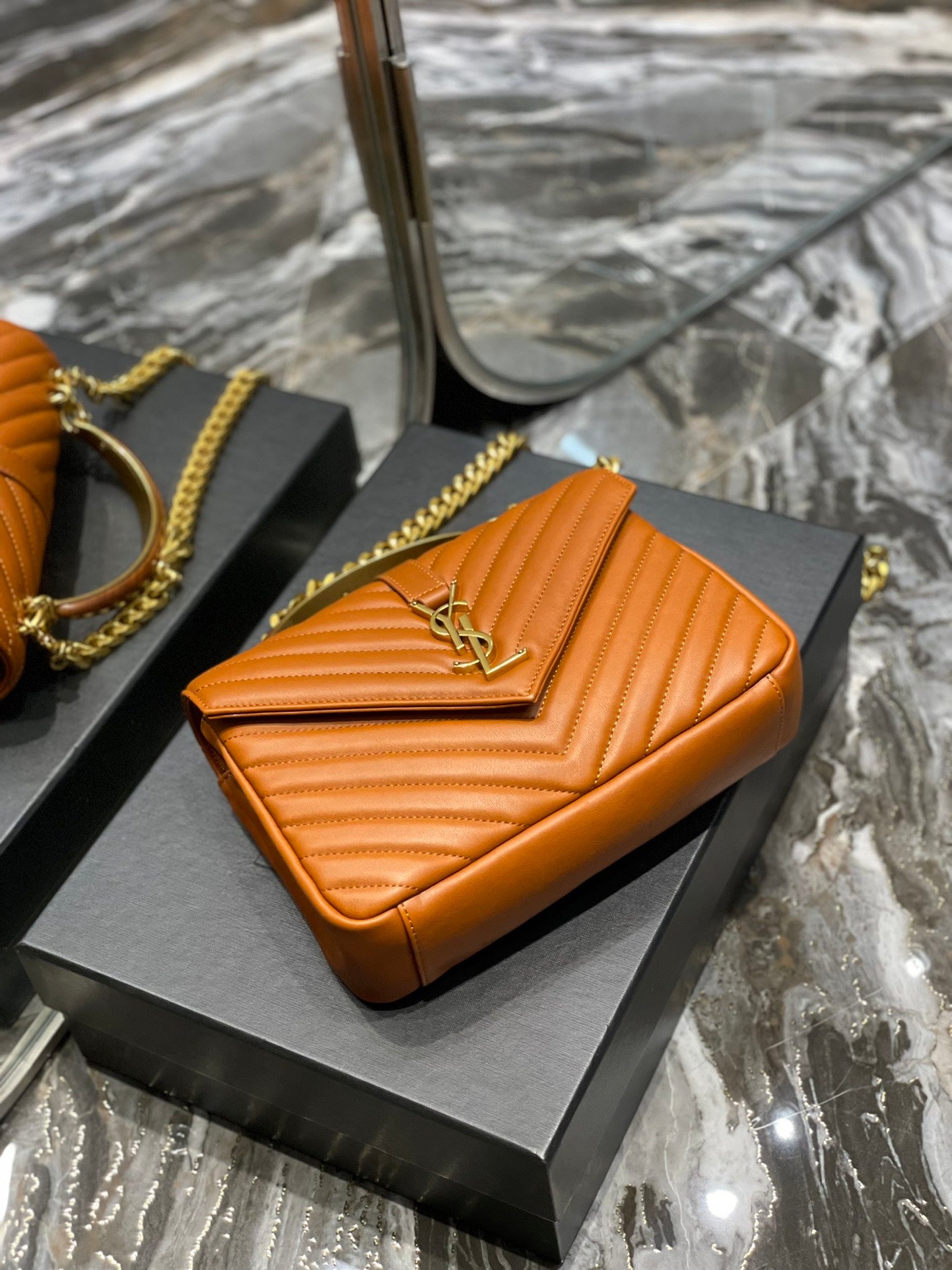 [TOP] Yves Saint Laurent YSL College Wooden Top Handle Leather Small Bag - Brown