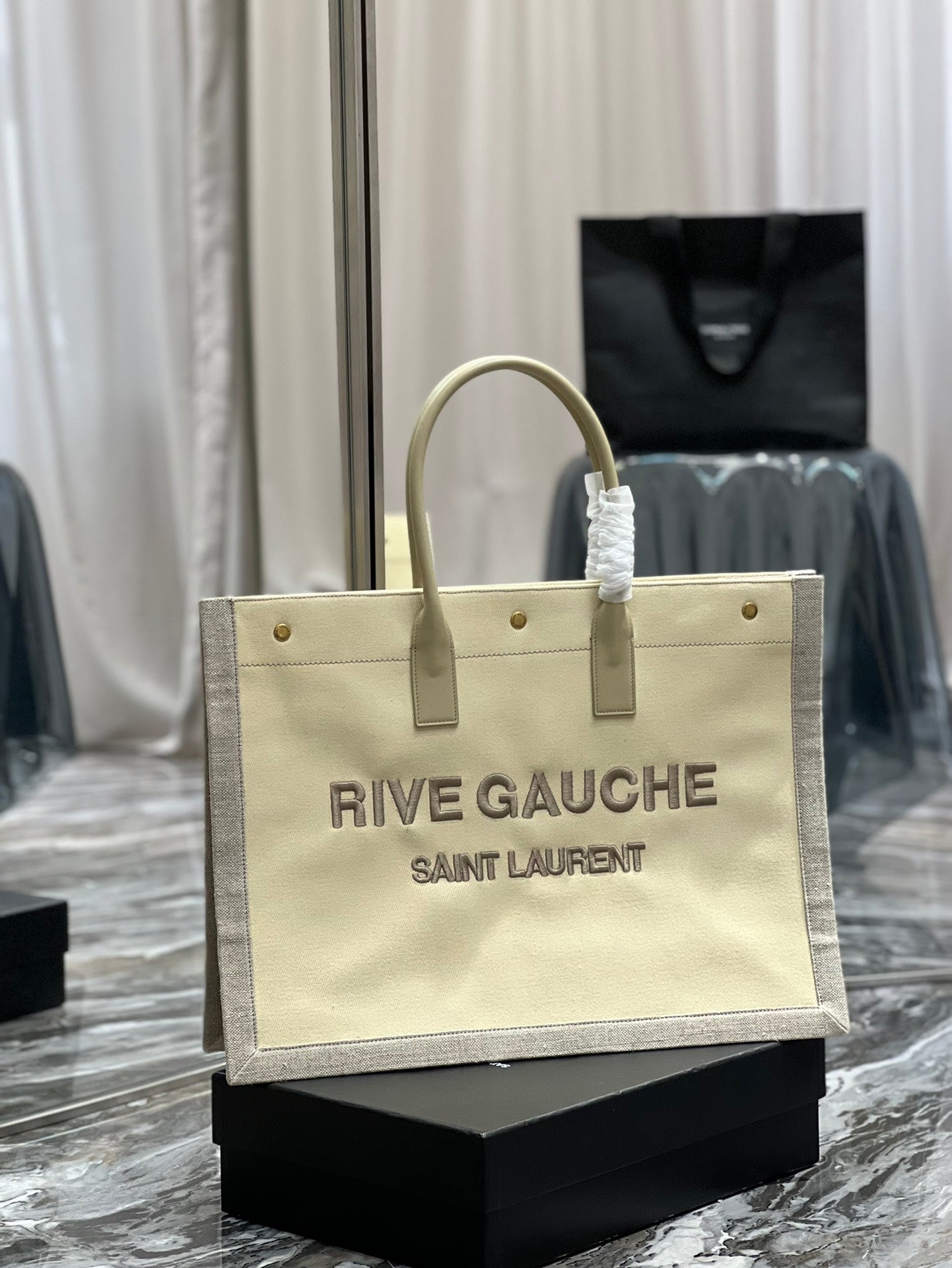 [TOP] Yves Saint Laurent YSL Rive Gauche Canvas Embroidery Tote Bag - Tan