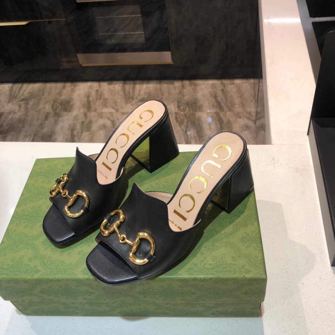 [TOP] GUCCI G*G Horsebit Slide Sandal Block Heels - Black