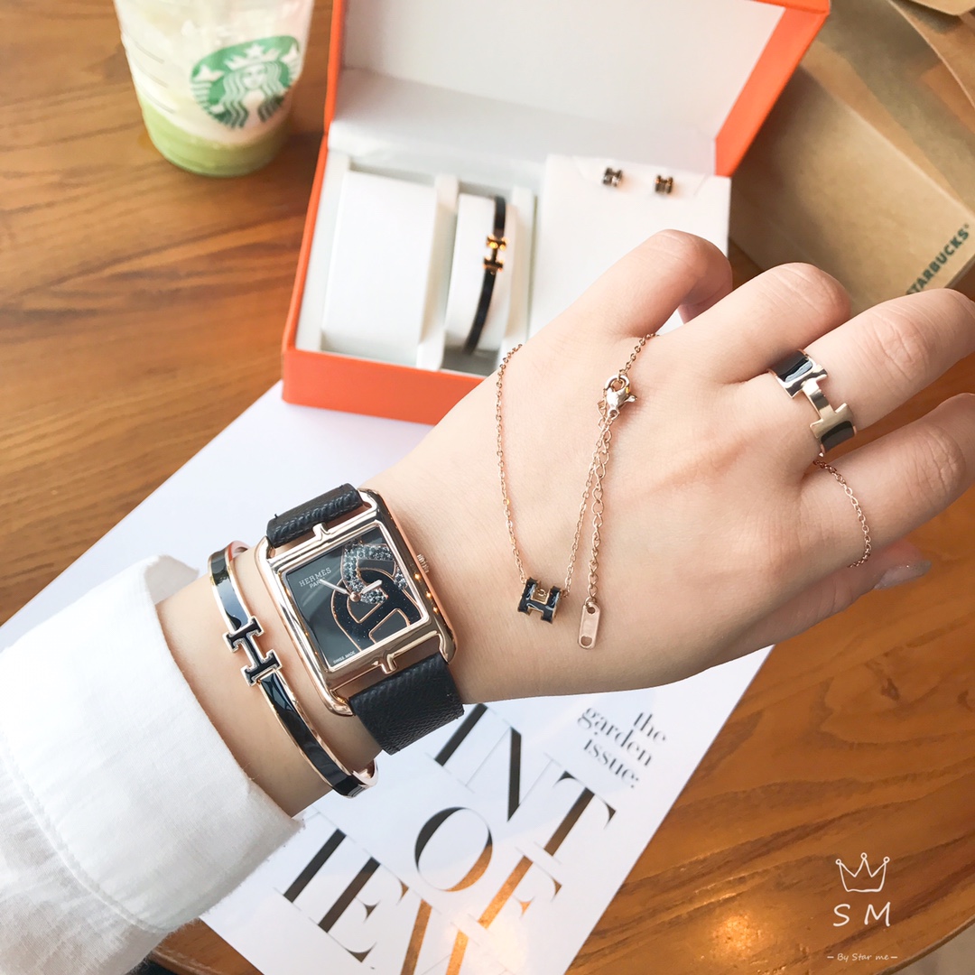 [TOP] HERMES H Logo Watch Bracelet Necklace Earrings Ring Set