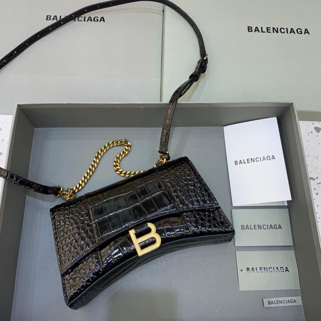 [TOP] BALENCIAGA Hourglass WOC Crocodile-Print Bag 19x12x5cm - Black w GHW