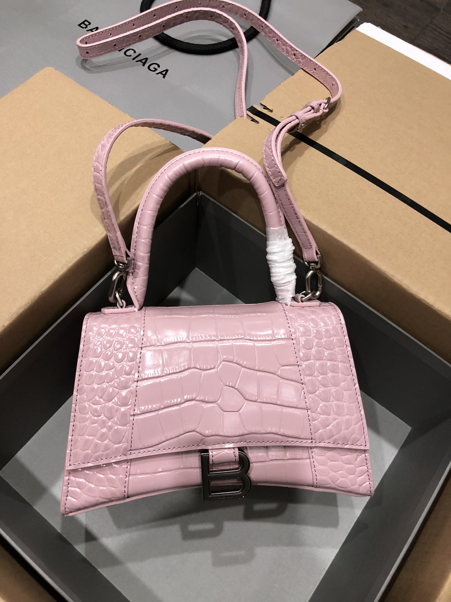 [TOP] BALENCIAGA Crocodile-Print Hourglass Bag 19/23cm - Pink