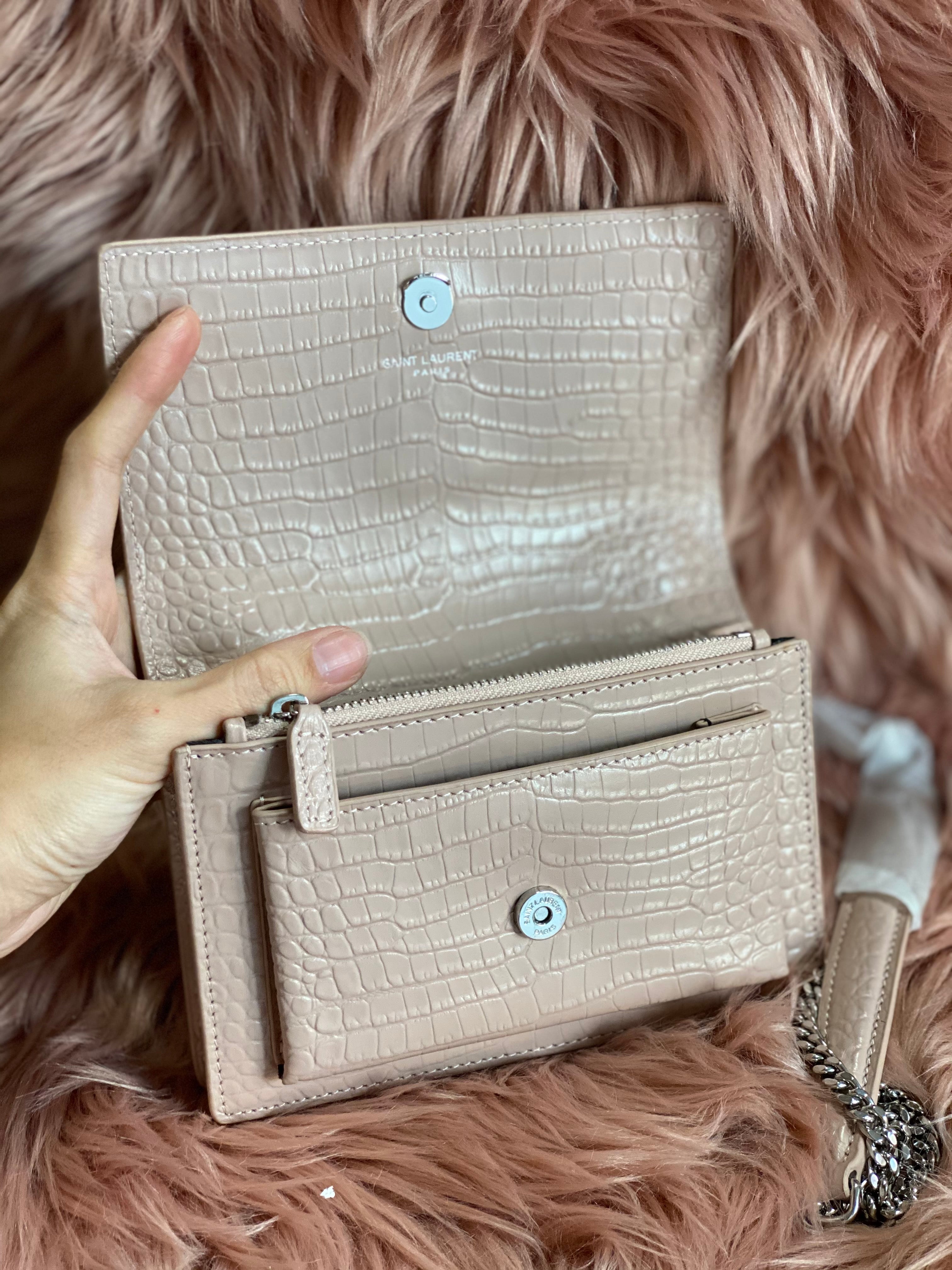 [TOP] Yves Saint Laurent YSL Pink Mini Monogram Sunset Croc Embossed Leather Shoulder Bag