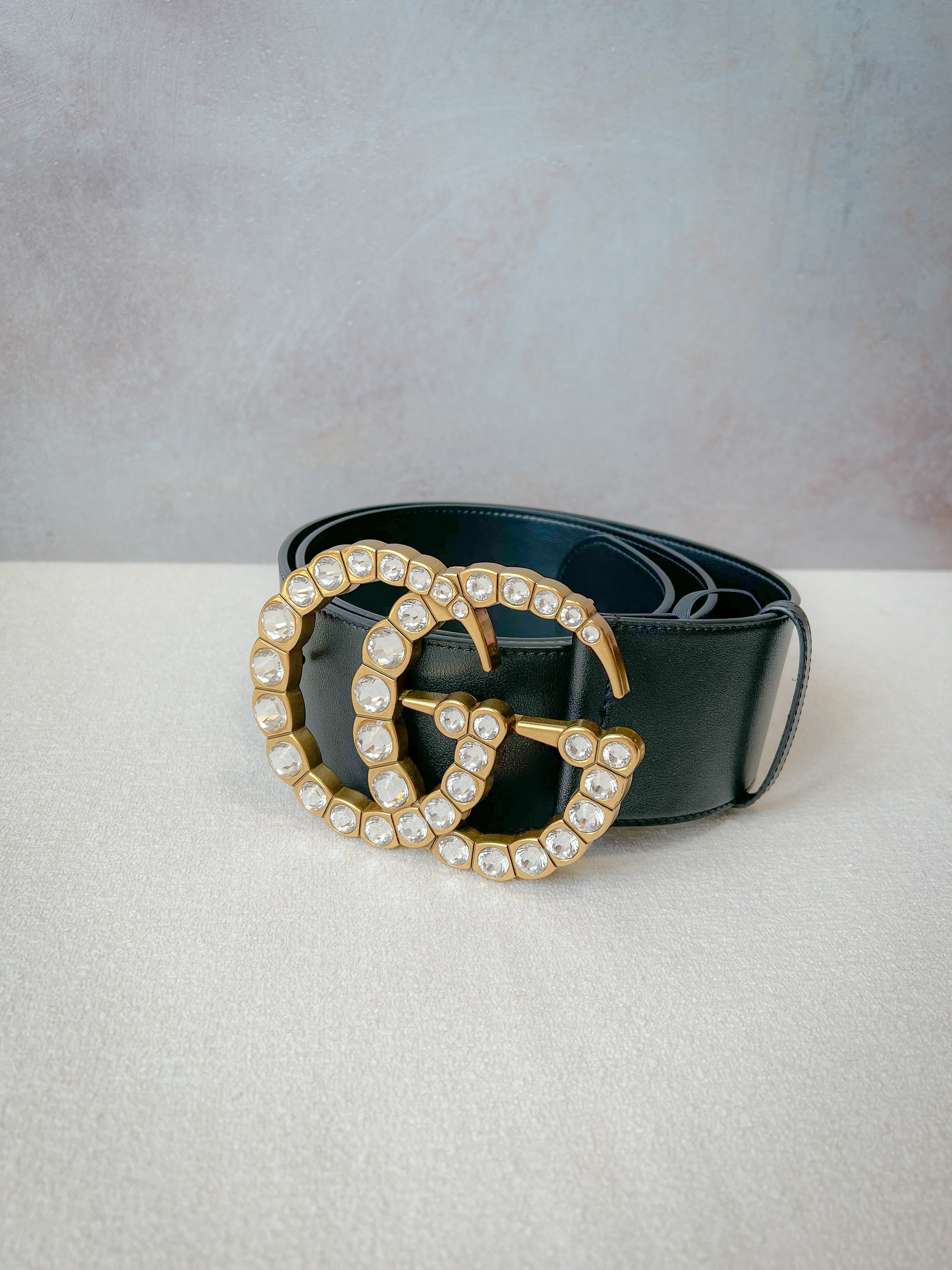 [TOP] GUCCI Leather Belt w Crystal Double G Buckle  - Black