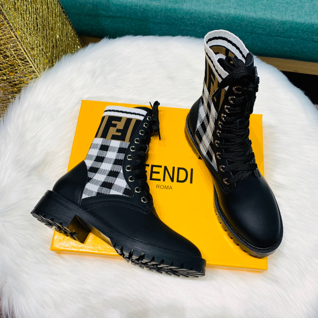 [TOP] FENDI Gingham Sock Lace Up Boots - Black and White Checkers