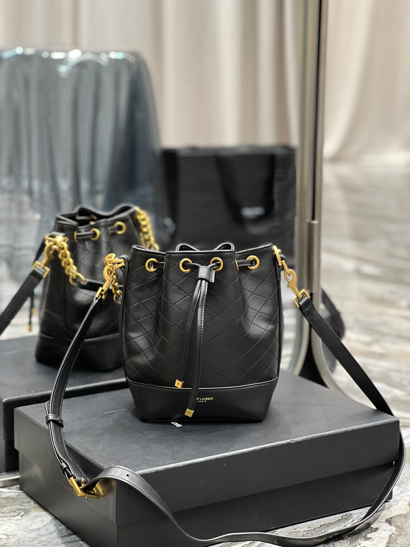 [TOP] Yves Saint Laurent YSL Emmanuelle Small Quilted Lambskin Bucket Bag - Black