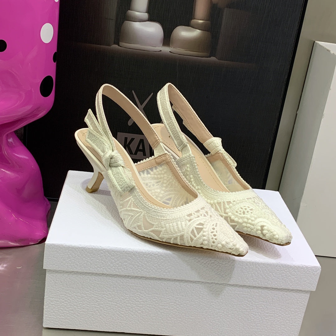 [TOP] Christian Dior Macrame Mid Heels Lace Shoes 22 - White