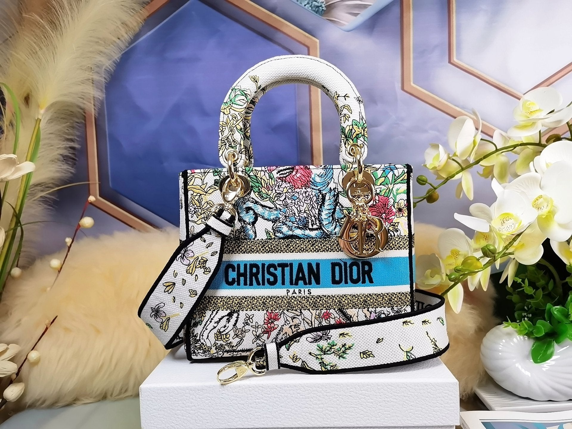 [TOP] Christian Dior Lady Christian Dior Bag D-Lite Embroidery Constellation Medium - White
