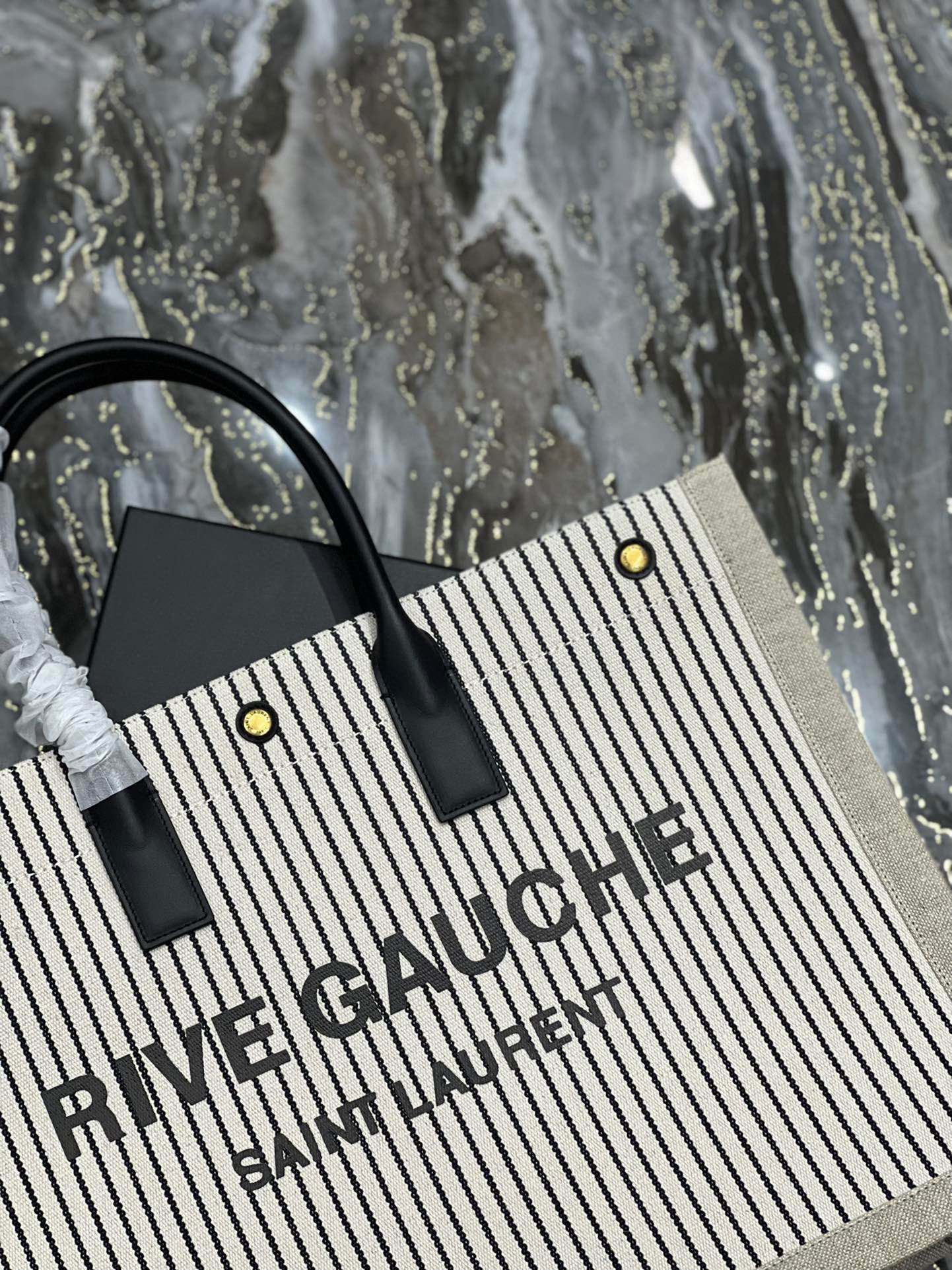 [TOP] Yves Saint Laurent YSL Rive Gauche Canvas Tote Bag - Tan Black Stripes