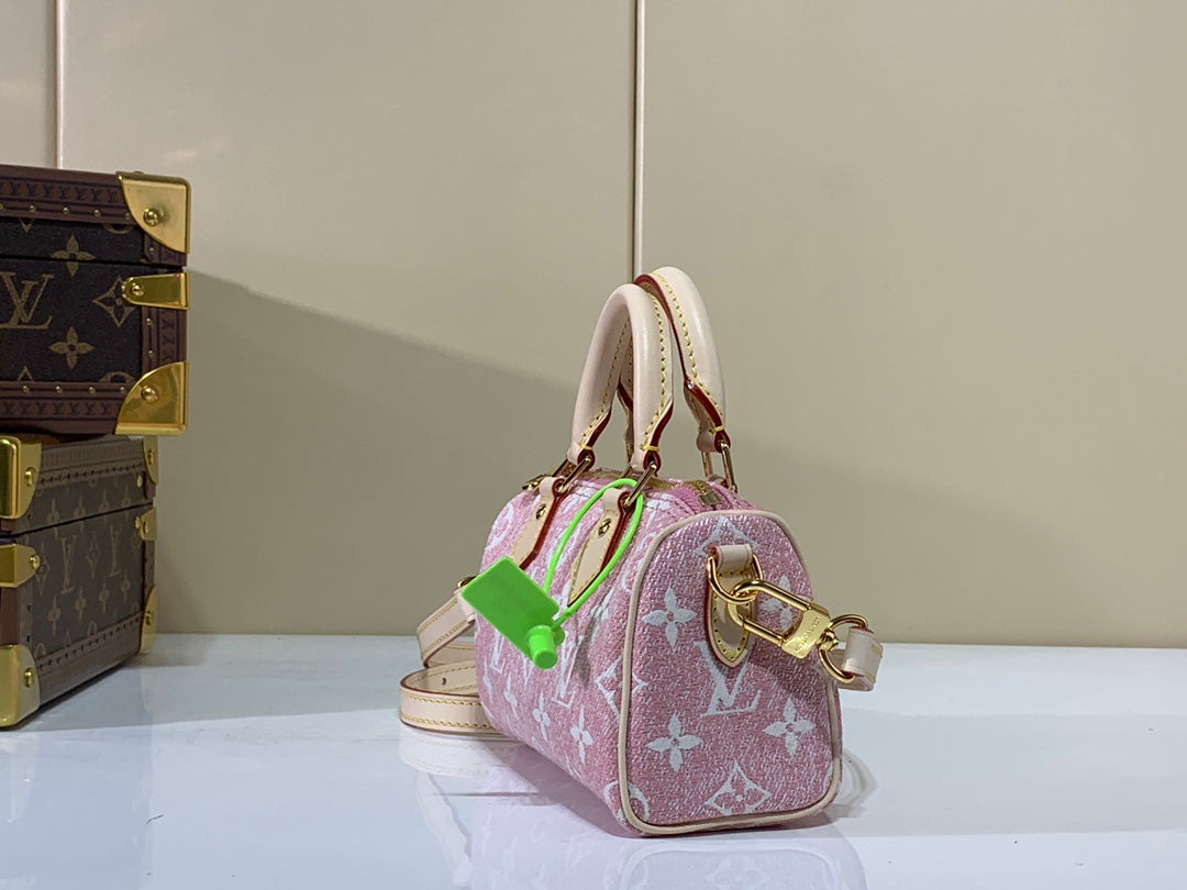 [TOP] Louis Vuitton LV  Denim Monogram Speedy 20 Bag 20x13.5x12cm  - Pink