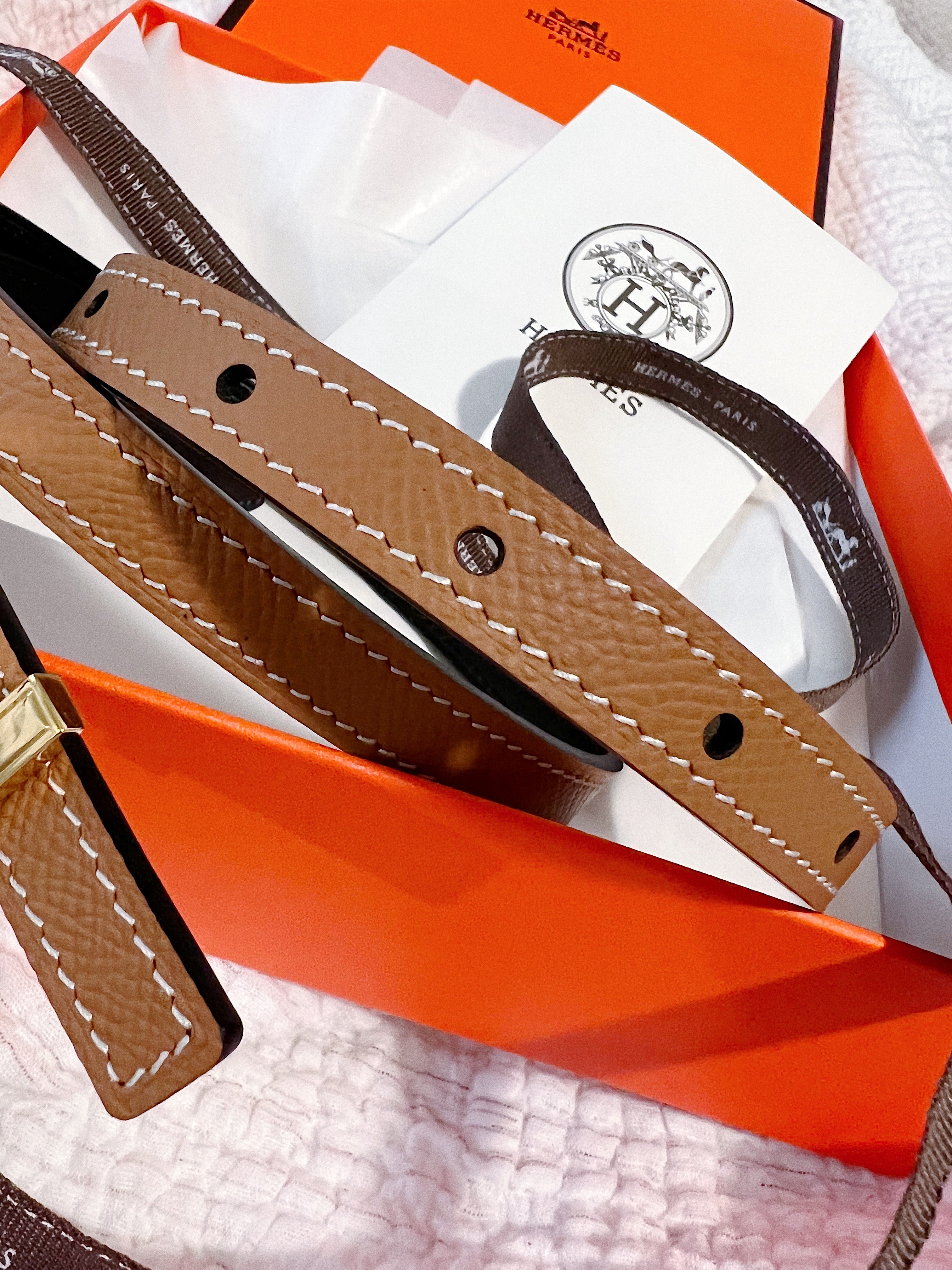 [TOP] HERMES Reversible Buckle Logo Epsom Belt 1.3cm - Brown & Black