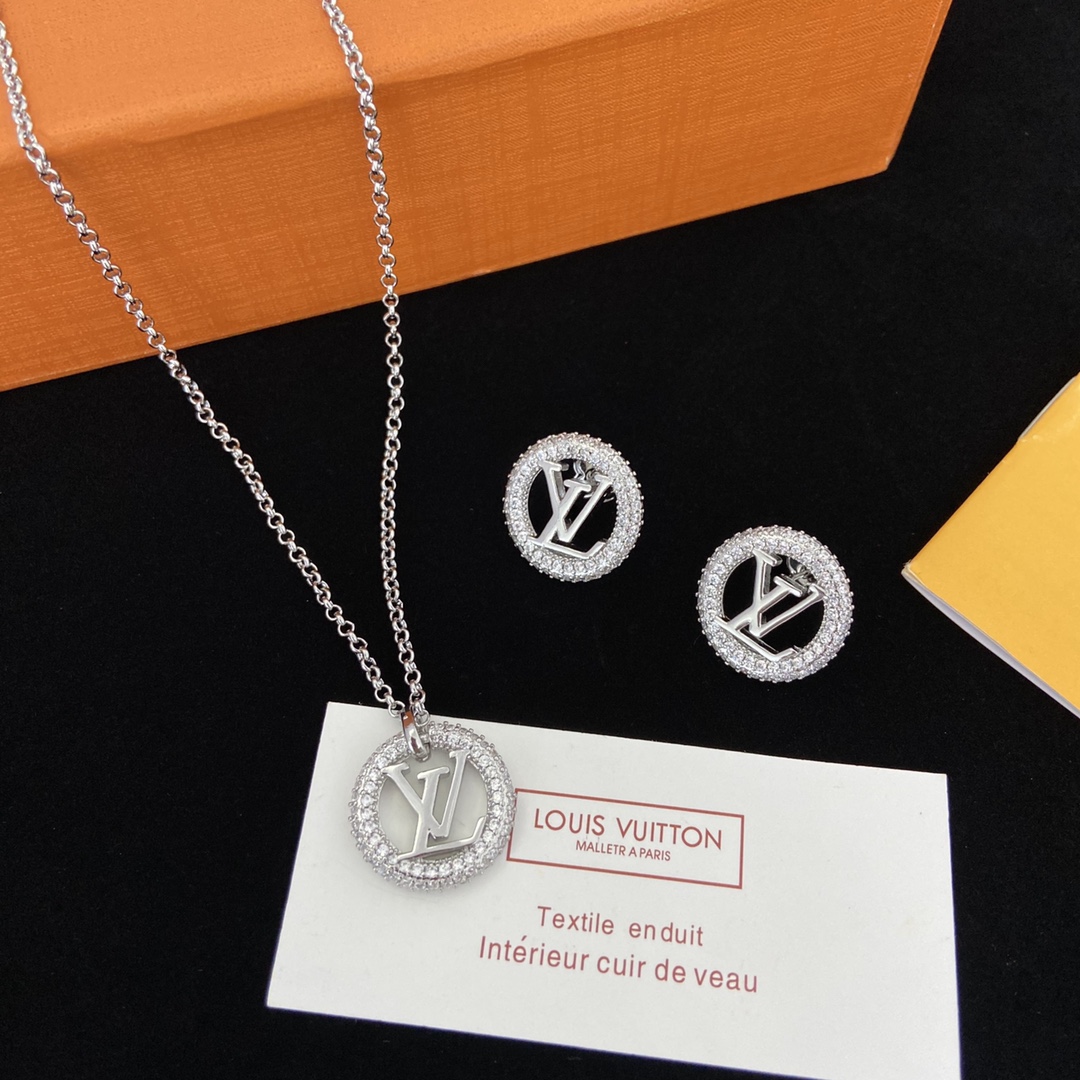 [TOP] Louis Vuitton LV LV Necklace Earrings Set - Silver