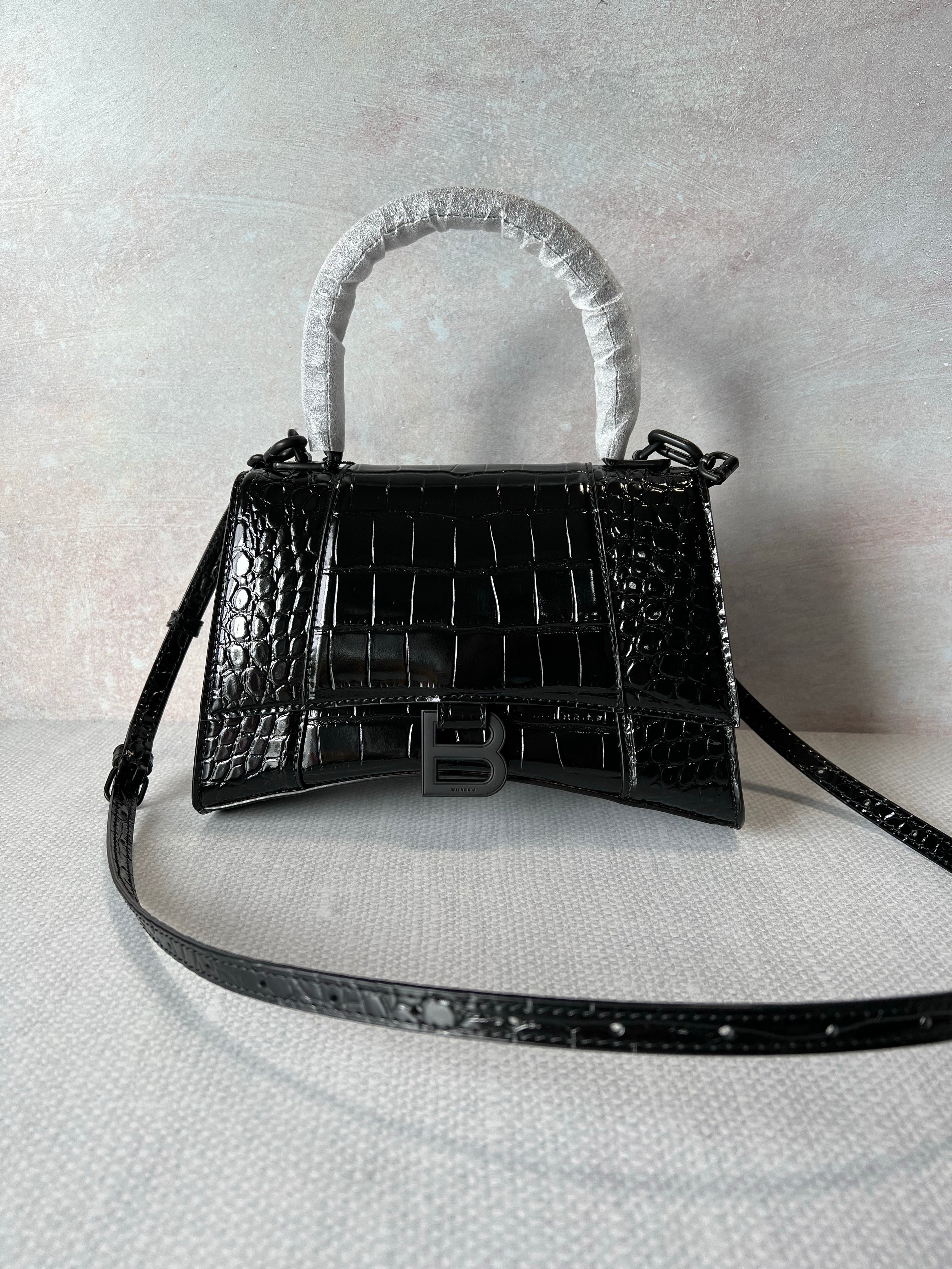 [TOP] BALENCIAGA Hourglass Crocodile-Print Cowhide Small Bag 23x14x10cm - Black on Black