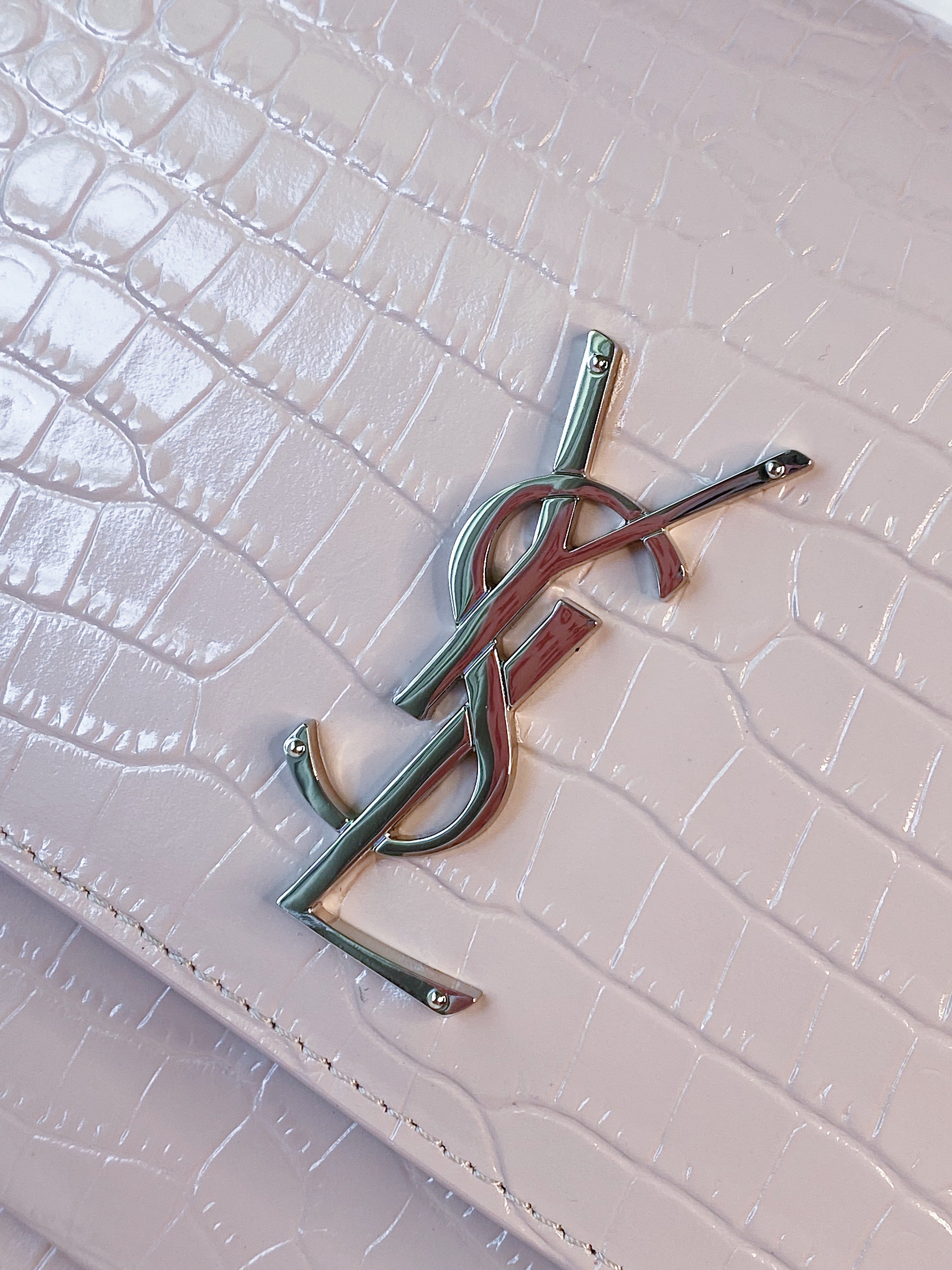[TOP] Yves Saint Laurent YSL Pink Small Monogram Sunset Croc Embossed Leather Bag