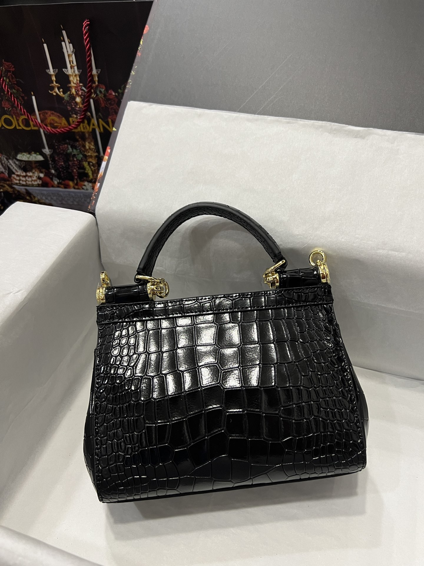 [TOP] Dolce & Gabbana D&G Crocodile-print Calfskin Handbag 20cm/25cm -  Black