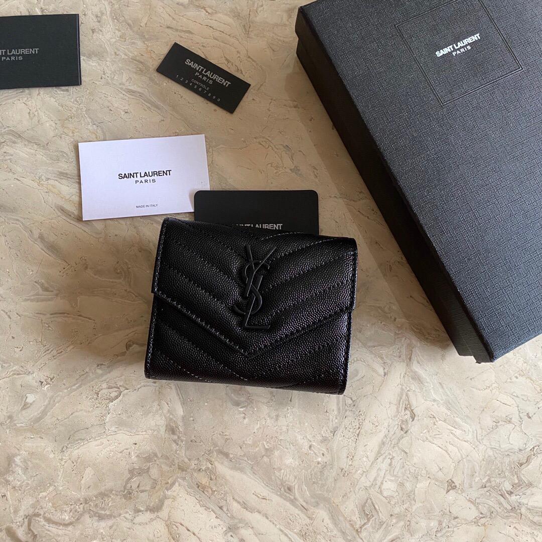[TOP] Yves Saint Laurent YSL Trifold Wallet Caviar Leather - Black on Black