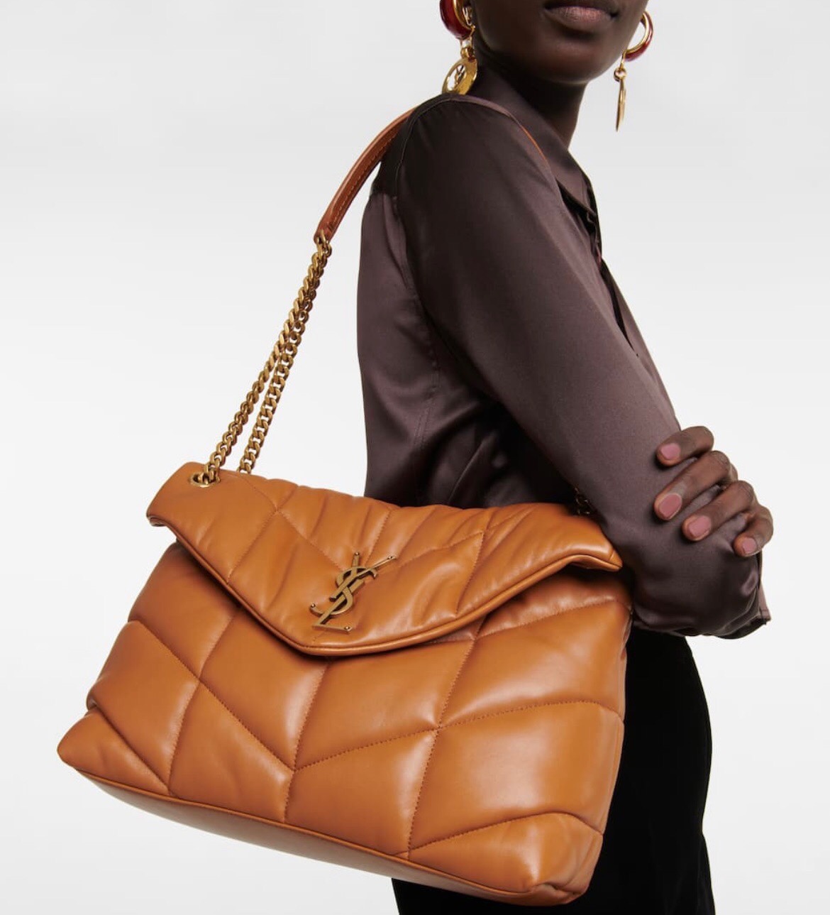 [TOP] Yves Saint Laurent YSL Loulou Puffer Shoulder Bag - Brown