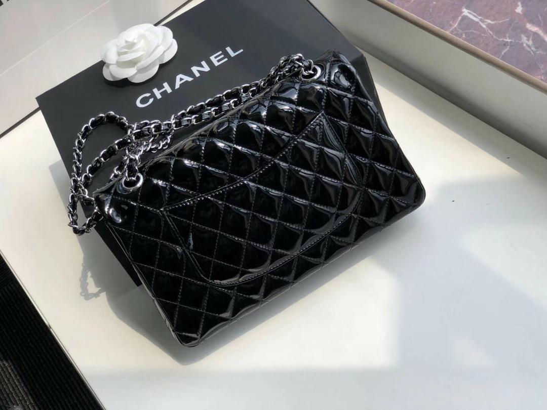 [TOP] CHANEL Classic Flap Bag Patent Medium 25.5cm - Black & SHW