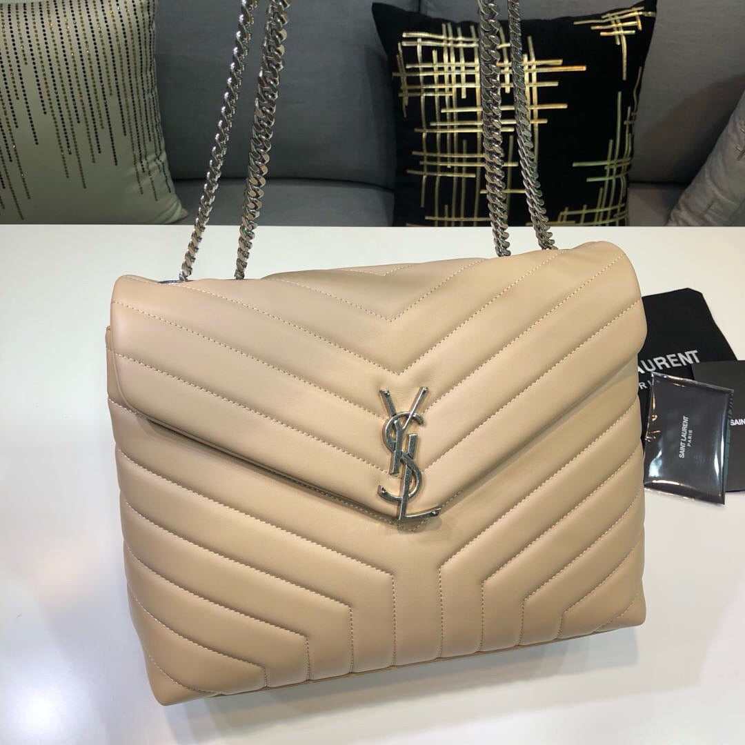 [TOP] Yves Saint Laurent YSL LouLou Bag Medium 31cm - Beige with Silver