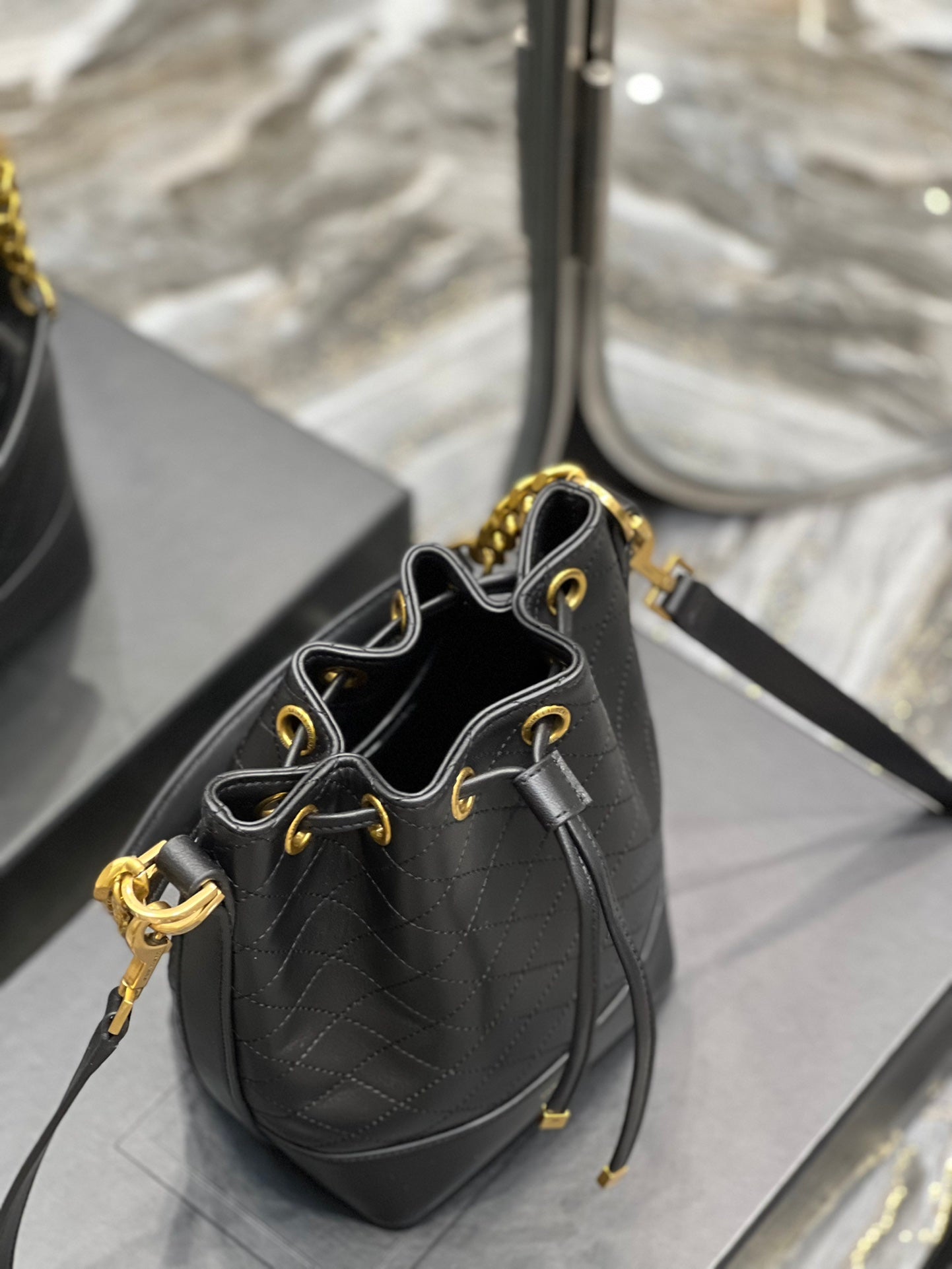 [TOP] Yves Saint Laurent YSL Emmanuelle Small Quilted Lambskin Bucket Bag - Black