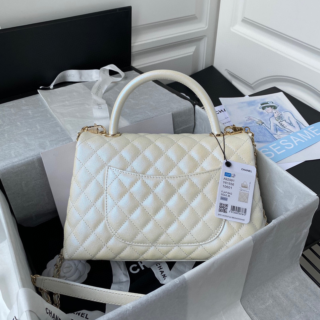 [TOP] CHANEL CoCo Handle Bag Carviar Large 29cm - Pearl White & GHW