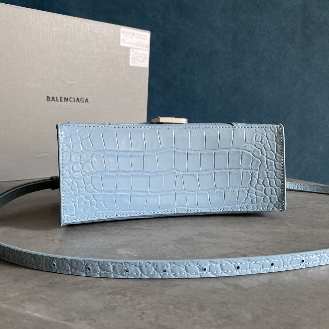 [TOP] BALENCIAGA Hourglass Small Crocodile-Print Cowhide Bag 23x14x10cm - Light Blue