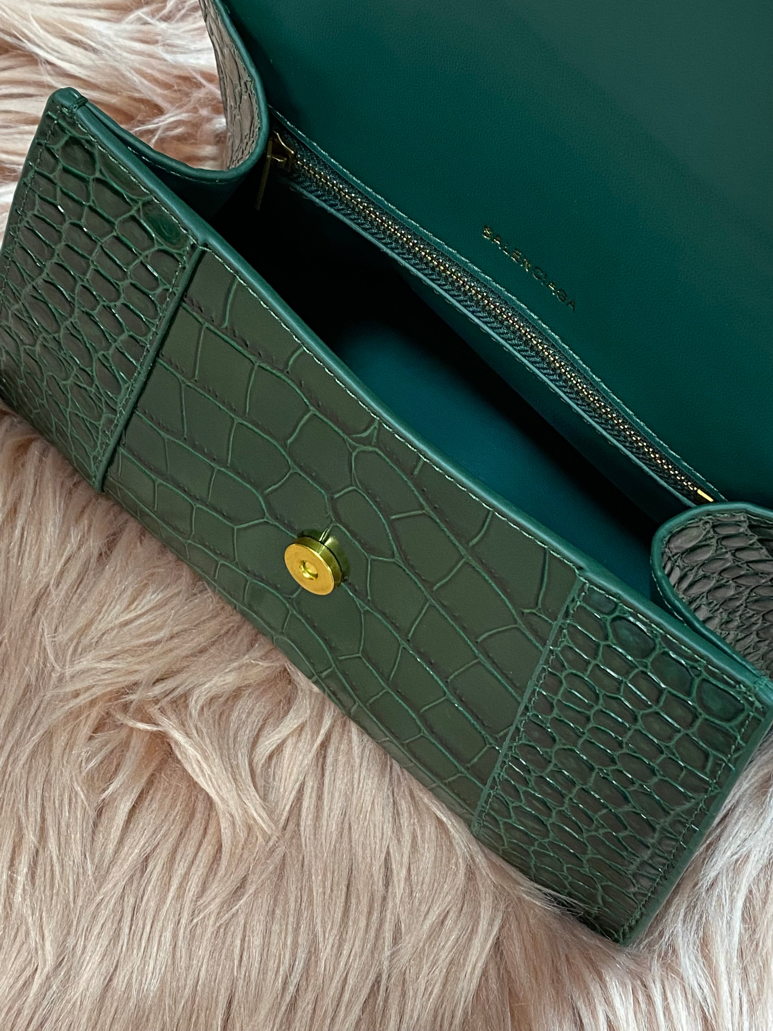 [TOP] BALENCIAGA Hourglass Small Crocodile-Effect Small Bag 23x14x10cm - Green