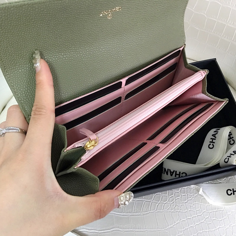 [TOP] CHANEL Long Folding Caviar Wallet - Dark Green