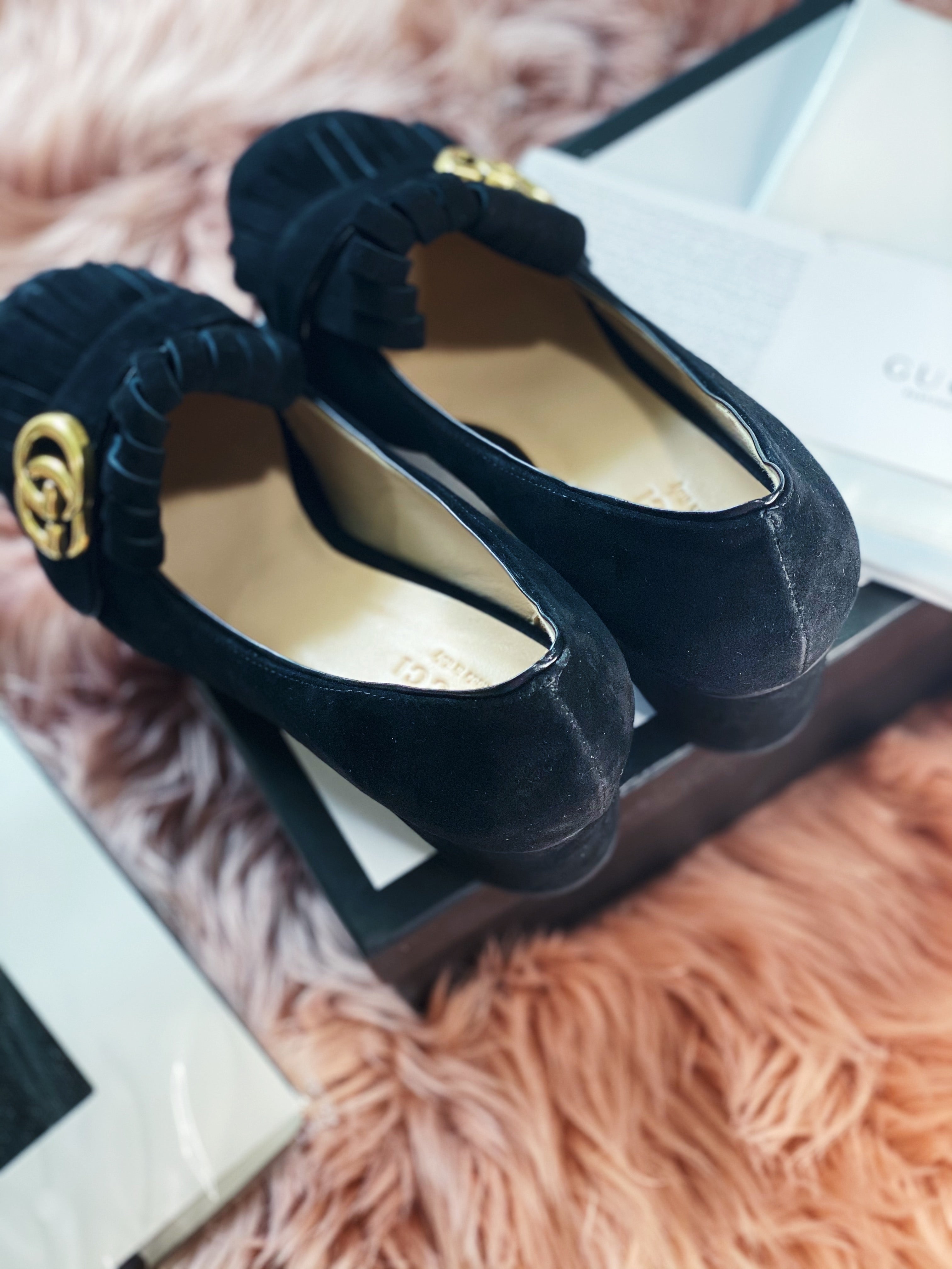 [TOP] GUCCI GG Marmont Suede Pump Midheels - Black