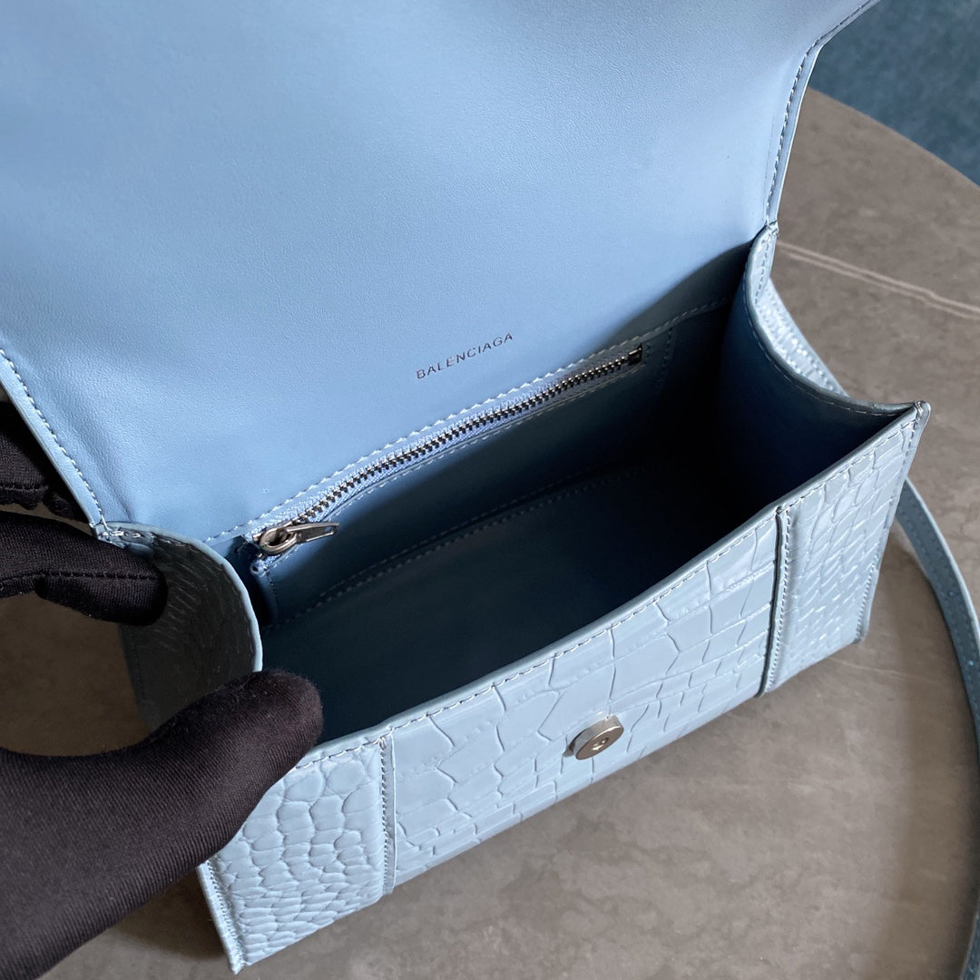 [TOP] BALENCIAGA Hourglass Small Crocodile-Print Cowhide Bag 23x14x10cm - Light Blue