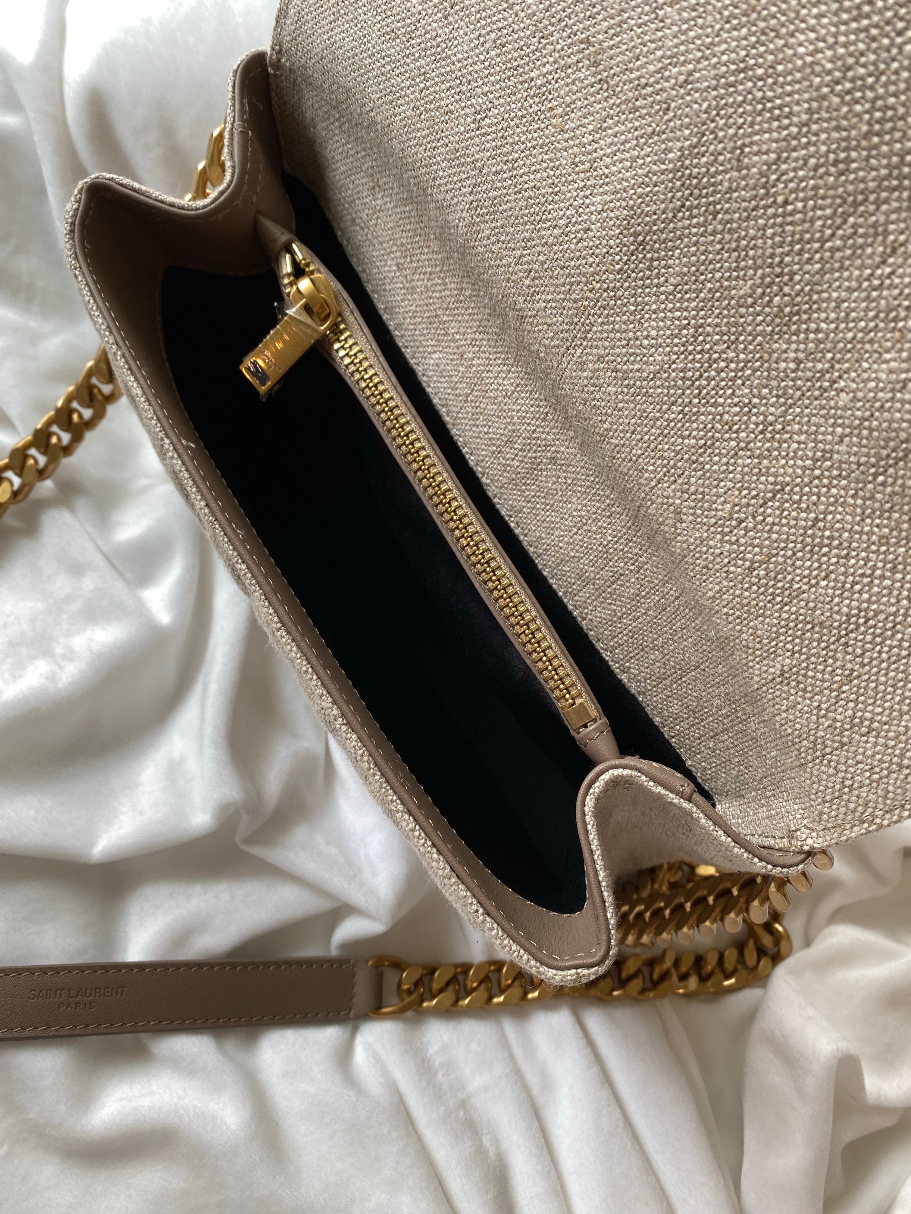 [TOP] Yves Saint Laurent YSL College Quilted Canvas Bag - Natural Taupe