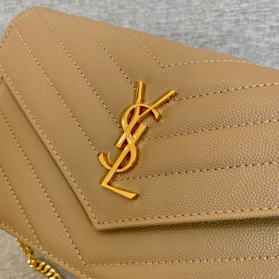 [TOP] Yves Saint Laurent YSL Envelope Chain Wallet Grain Leather - Beige
