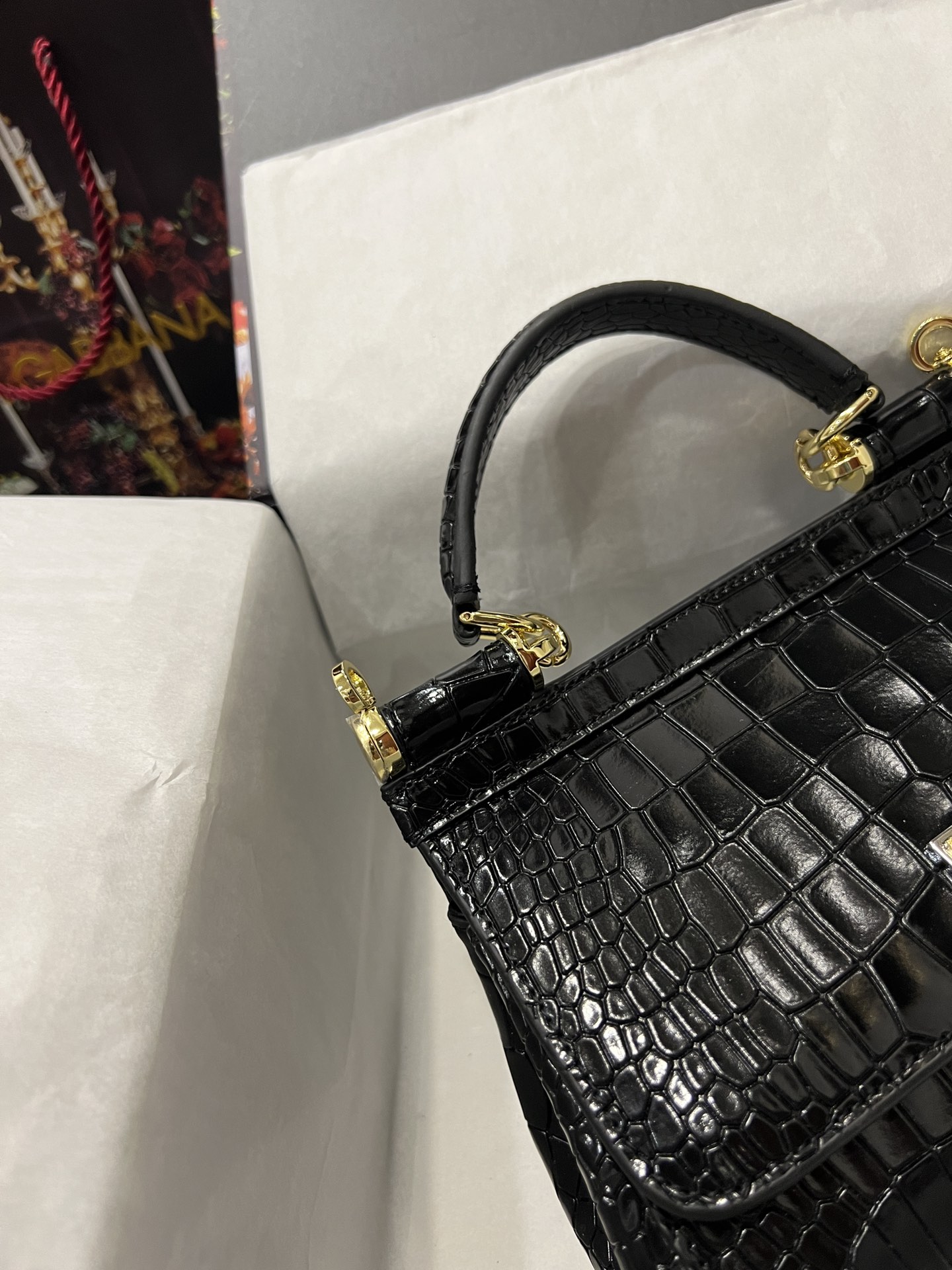 [TOP] Dolce & Gabbana D&G Crocodile-print Calfskin Handbag 20cm/25cm -  Black