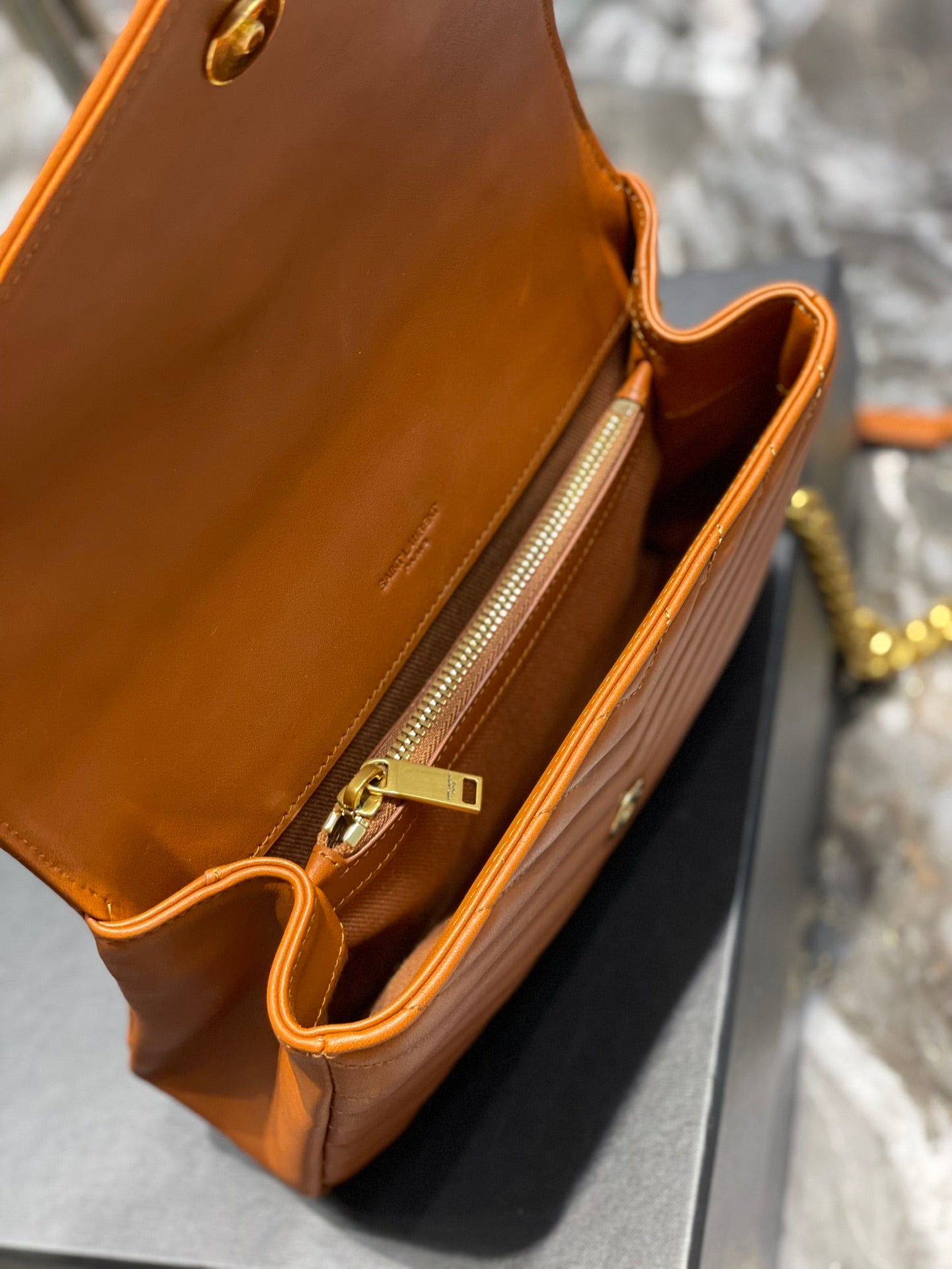 [TOP] Yves Saint Laurent YSL College Wooden Top Handle Leather Small Bag - Brown