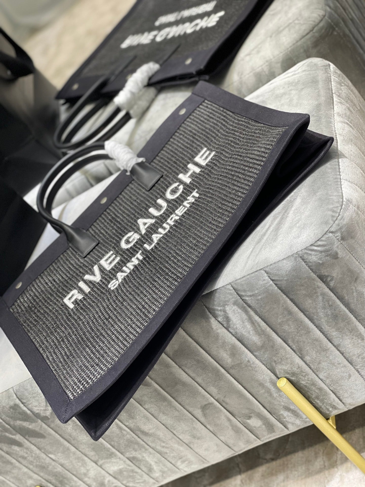 [TOP] Yves Saint Laurent YSL Rive Gauche Straw Tote Bag - Black