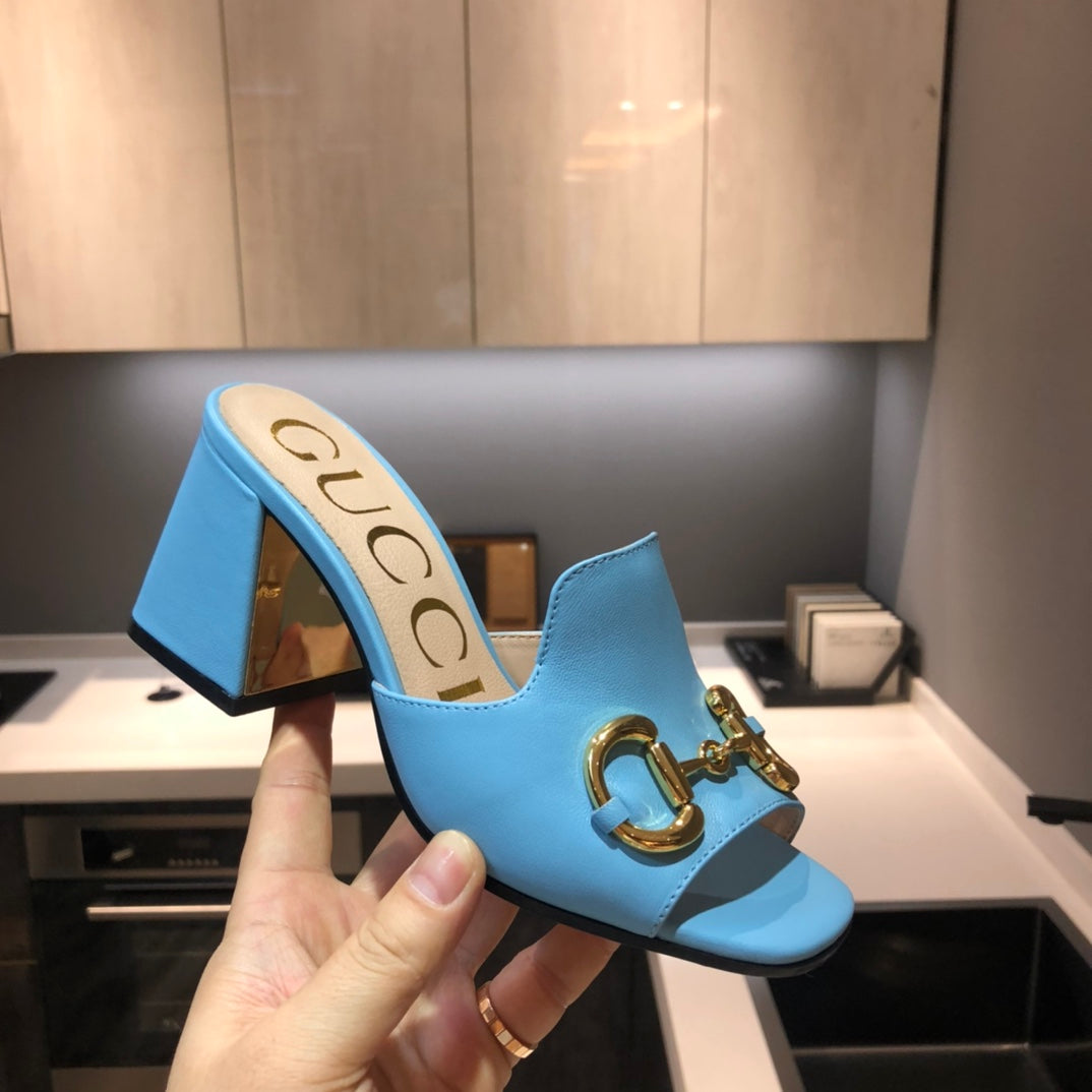 [TOP] GUCCI G*G Horsebit Slide Sandal Block Heels - Blue