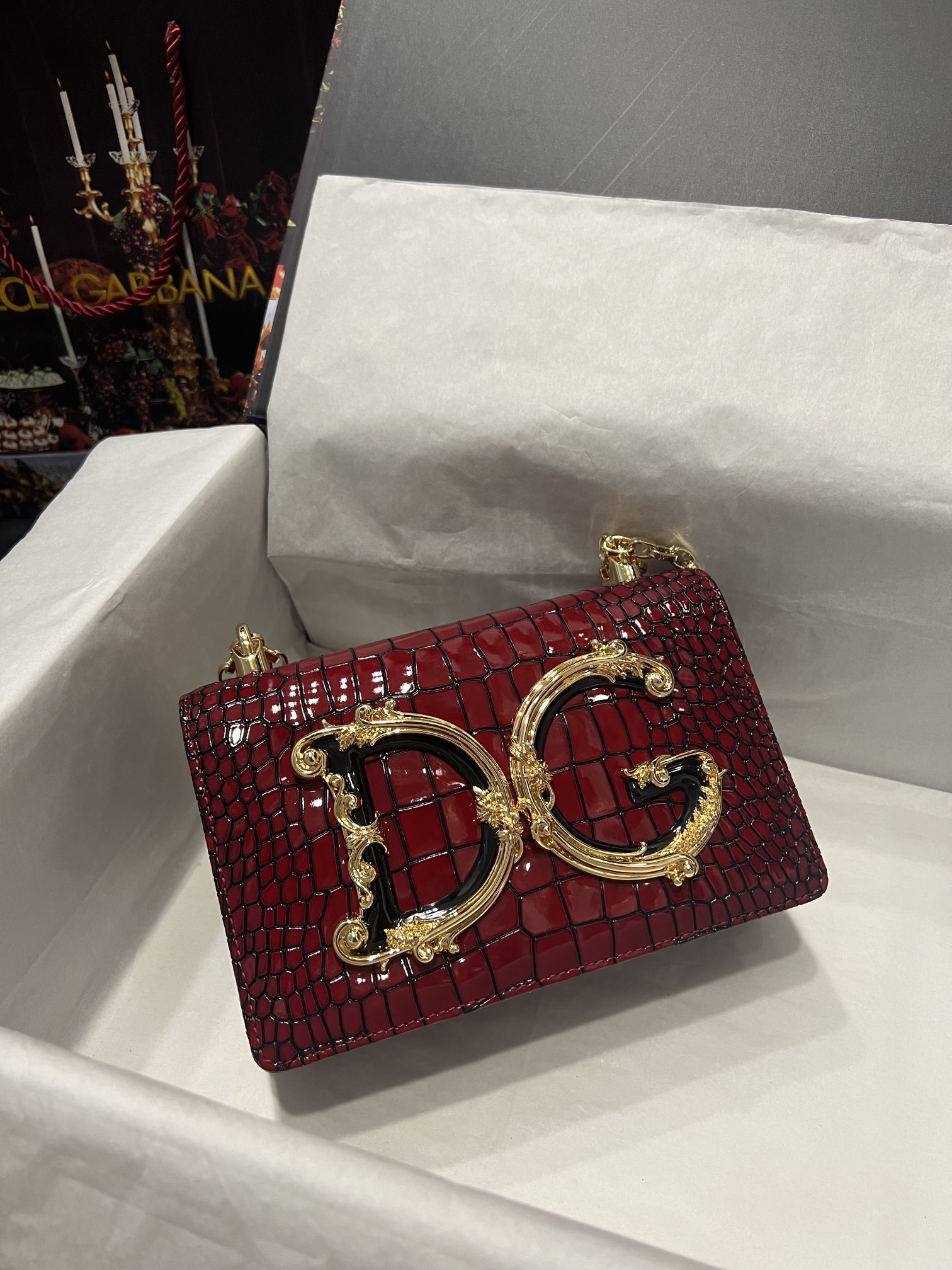 [TOP] Dolce & Gabbana D&G Crocodile-print Calfskin DG Girls Bag 21*4*15 - Red