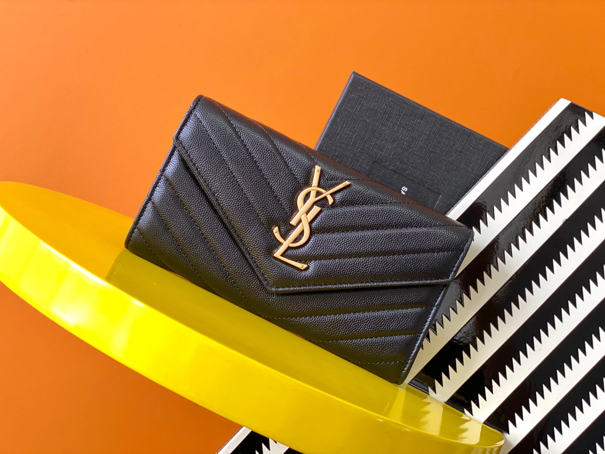 [TOP] Yves Saint Laurent YSL Chevron Quilted Grained Leather Metalsse Wallet - Black w GHW