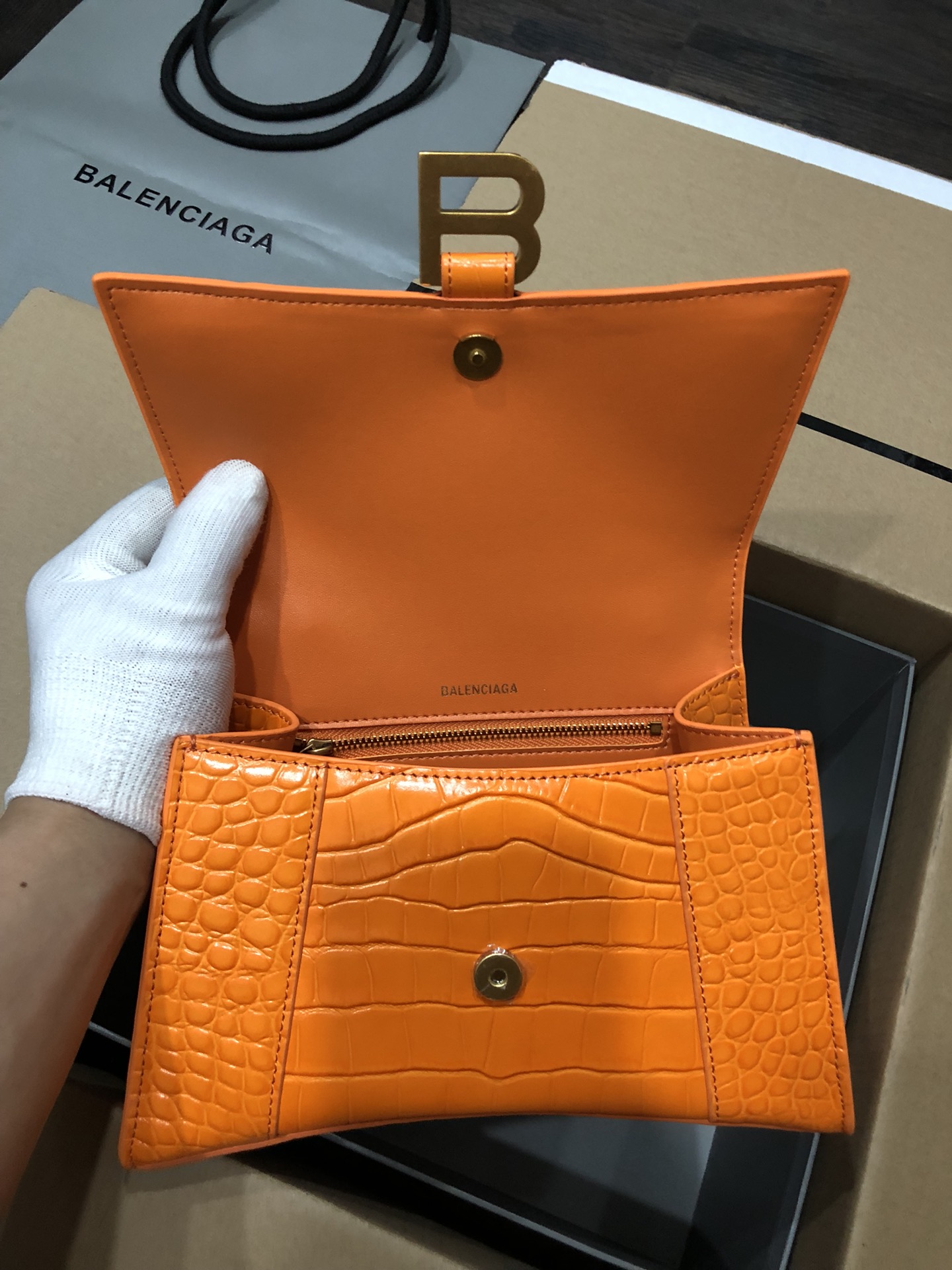 [TOP] BALENCIAGA Crocodile-Print Hourglass Bag 19/23cm - Orange