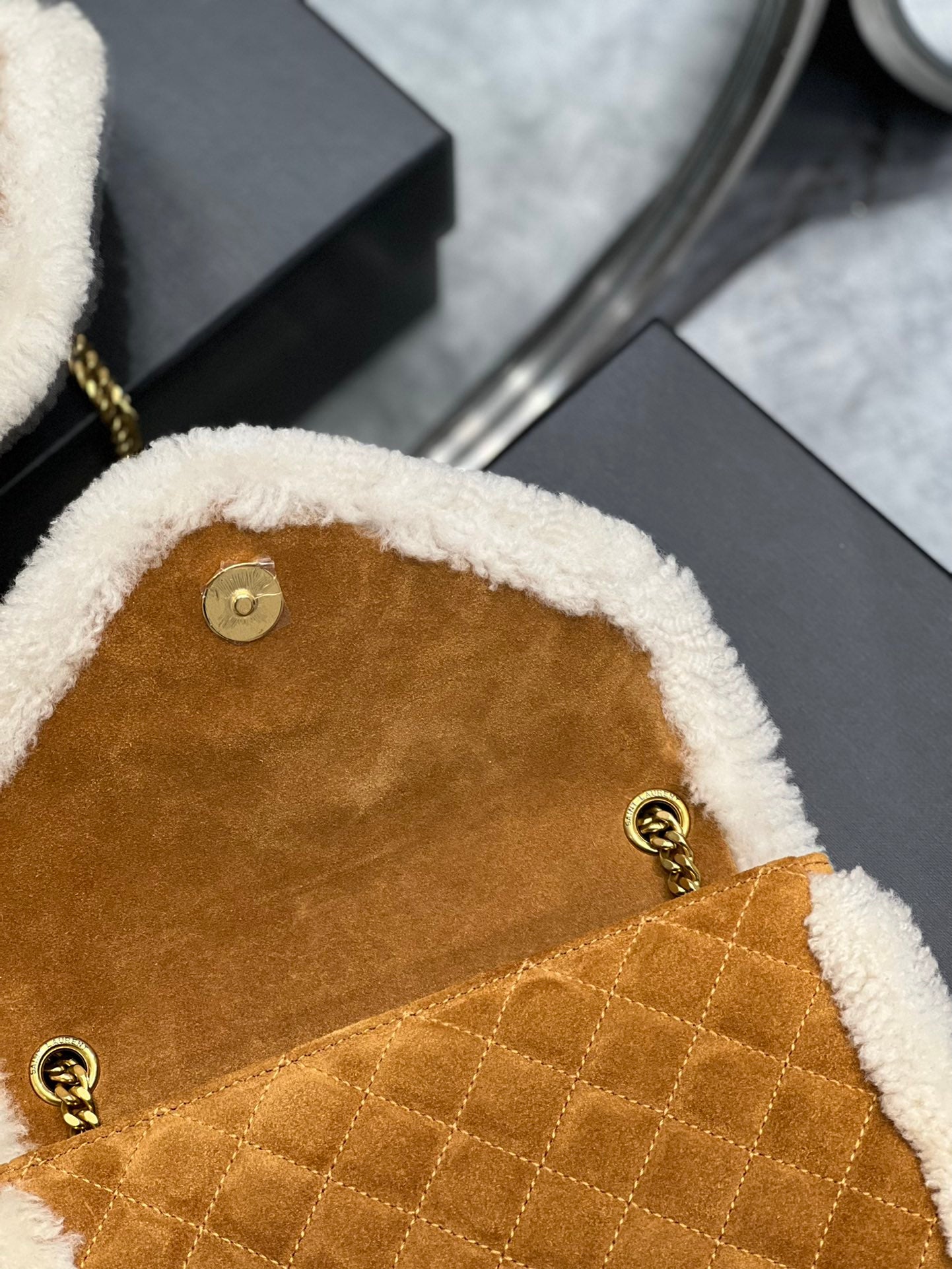 [TOP] Yves Saint Laurent YSL Envelope Small Suede Shearling Bag - Brown