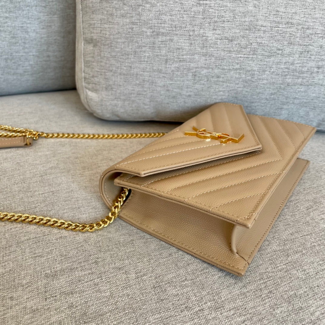 [TOP] Yves Saint Laurent YSL Envelope Chain Wallet Grain Leather - Beige