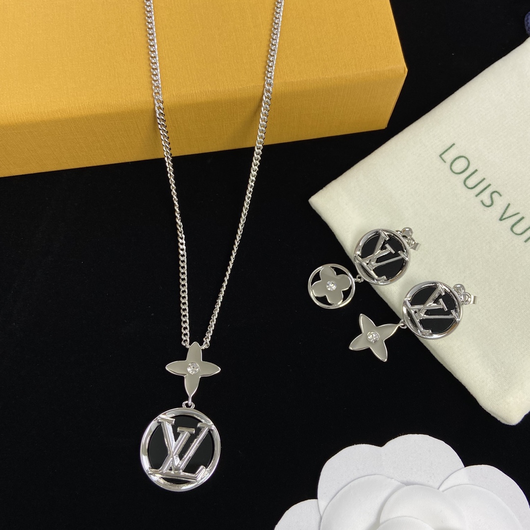[TOP] Louis Vuitton LV Necklace Earrings Set - Silver