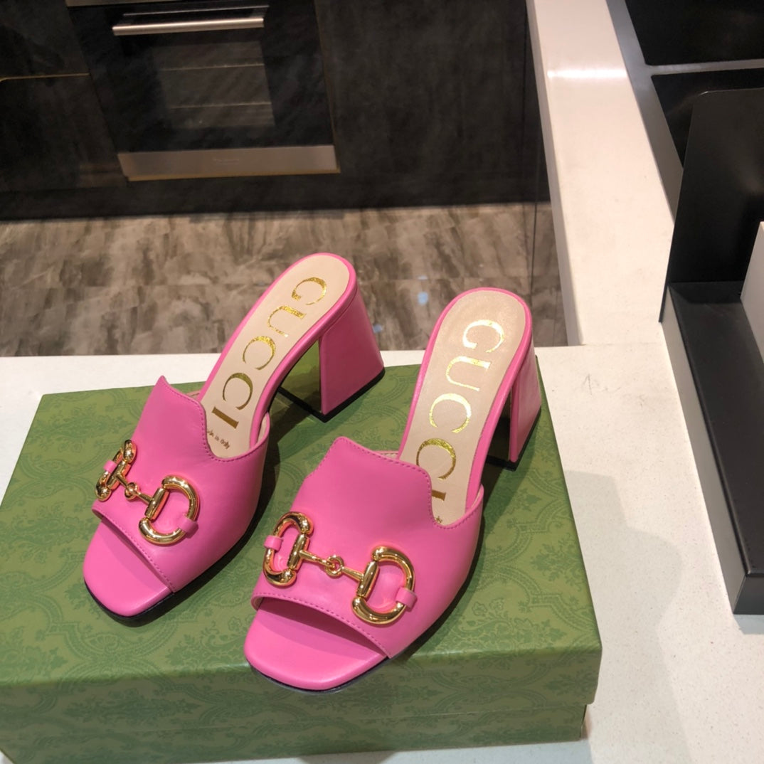 [TOP] GUCCI G*G Horsebit Slide Sandal Block Heels - Hot Pink