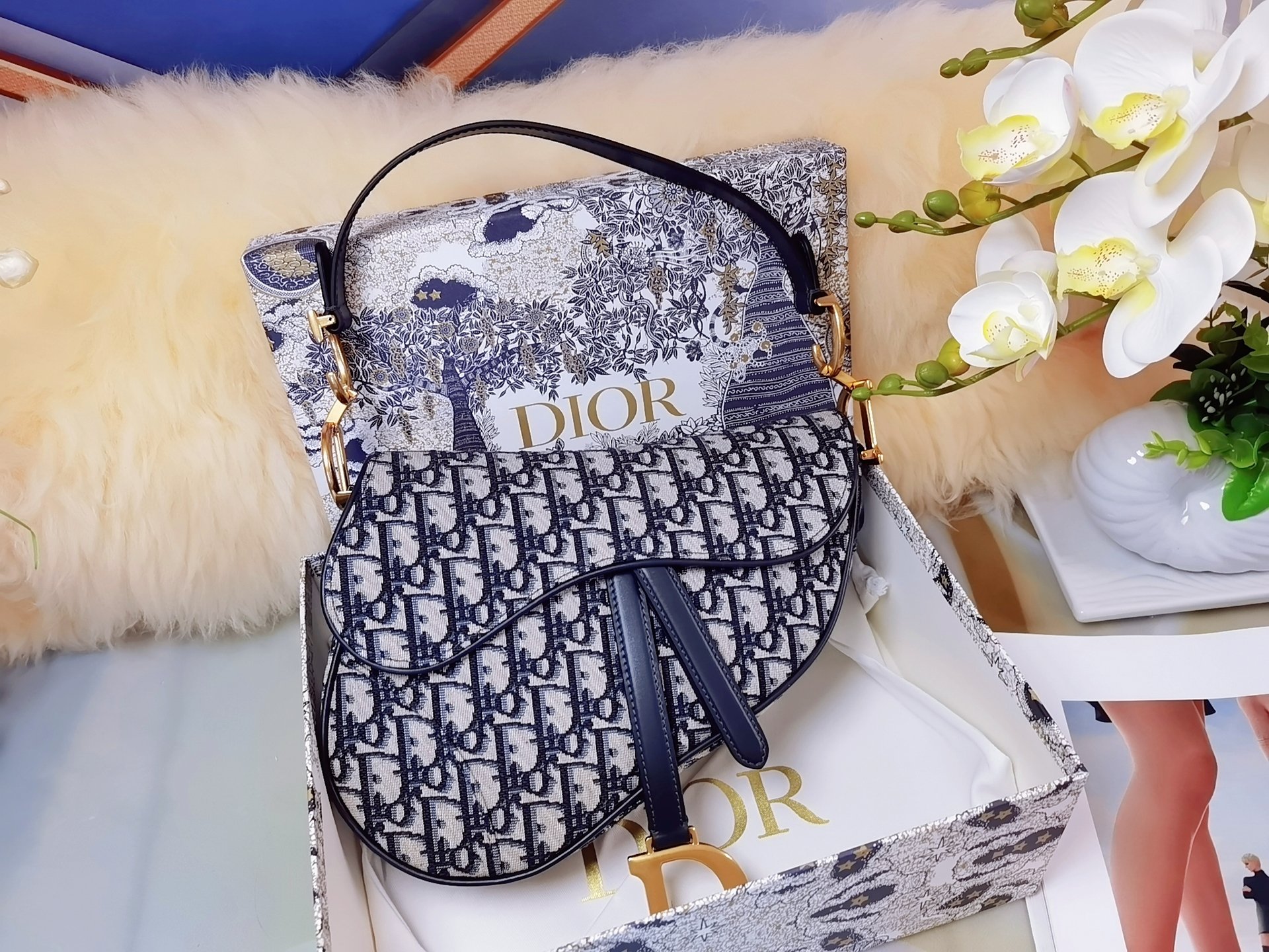 [TOP] Christian Dior Saddle Bag with Strap Jacquard 25.5 x 20 x 6.5cm - GHW