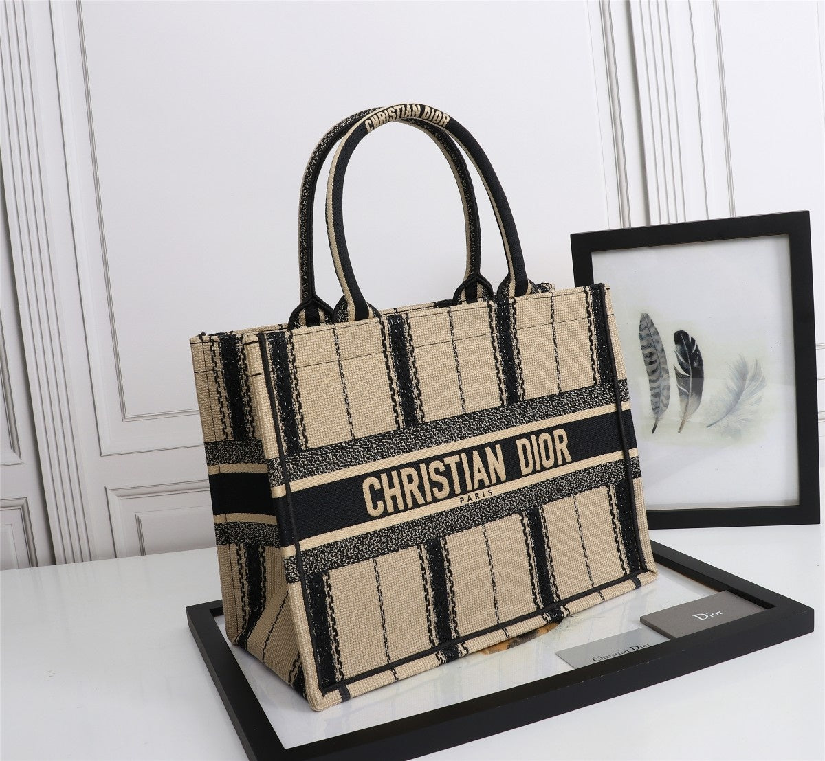 [TOP] Christian Dior Book Tote Bag Canvas Embroidered Bayadere Small 36cm - Black Beige