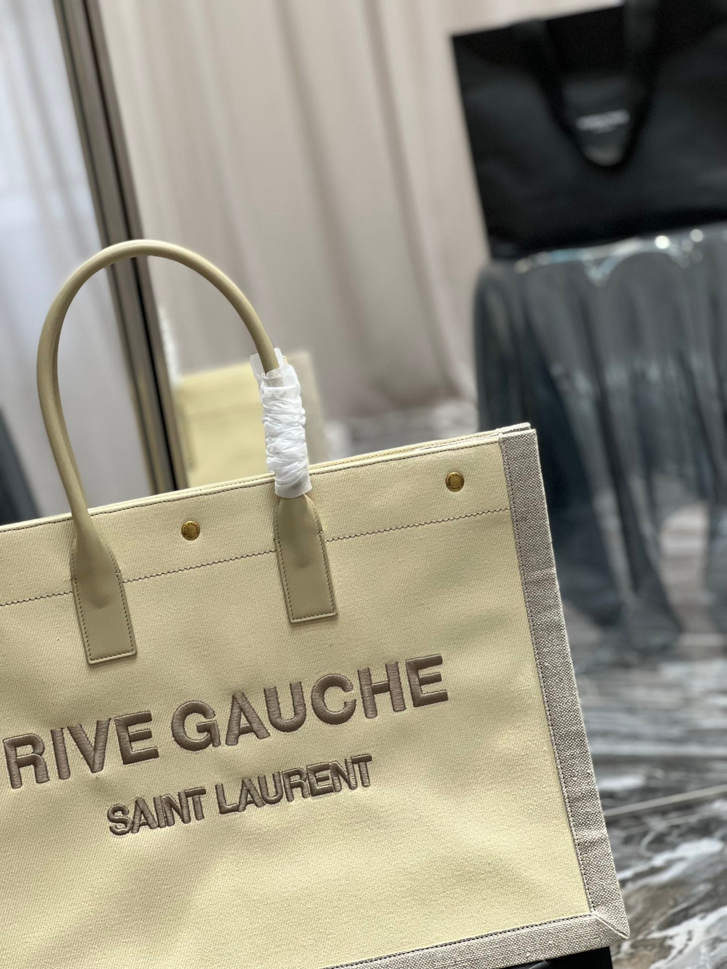[TOP] Yves Saint Laurent YSL Rive Gauche Canvas Embroidery Tote Bag - Tan
