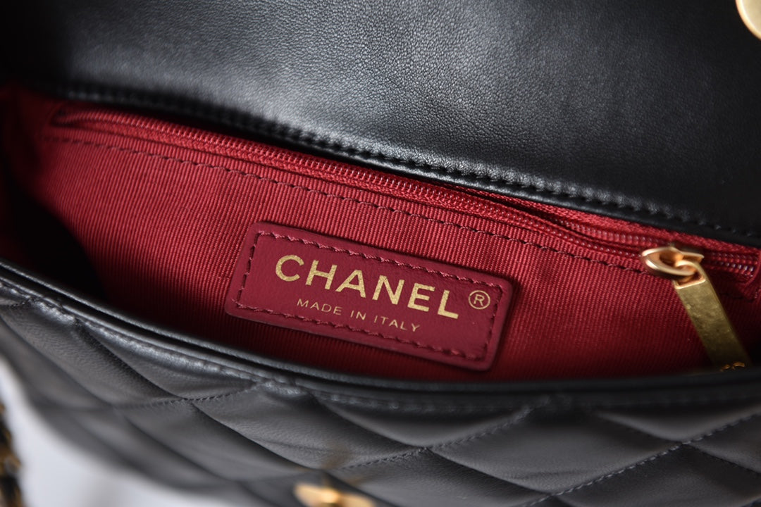 [TOP] CHANEL Flap Bag Side Logo w Chain Mini  - Black