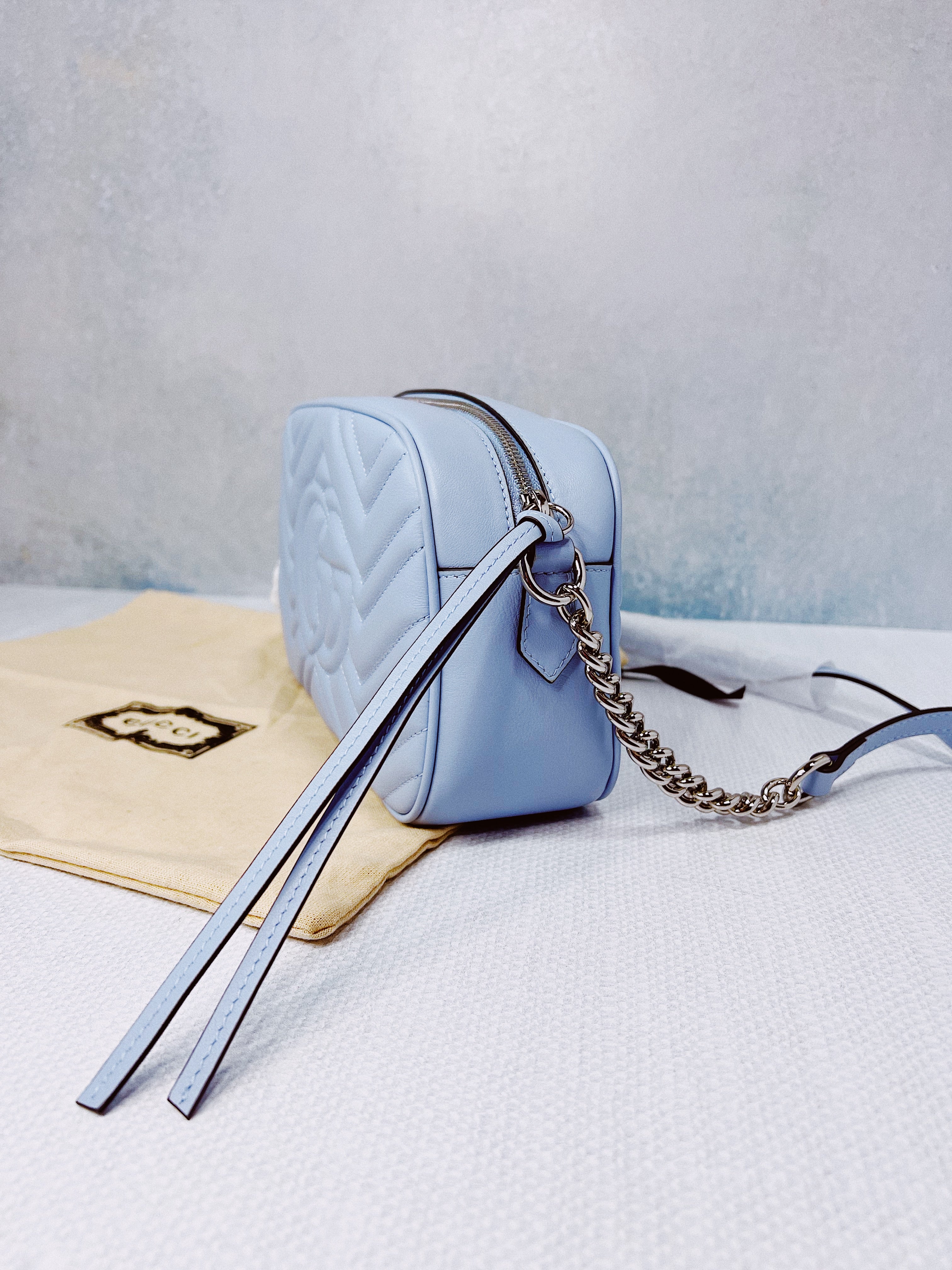 [TOP] GUCCI GG Marmont Bag Matelasse Small - Light Blue & SHW