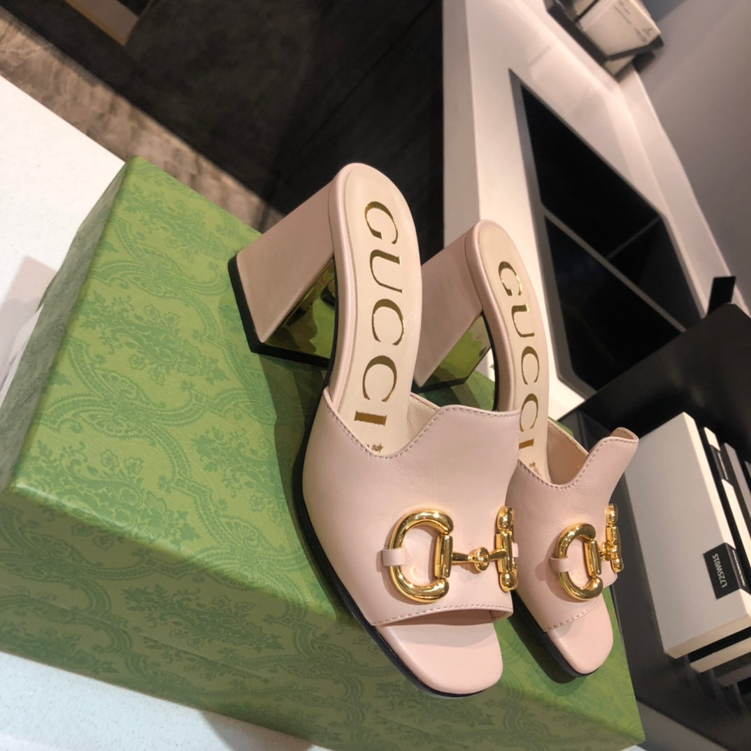 [TOP] GUCCI G*G Horsebit Slide Sandal Block Heels - Light Pink